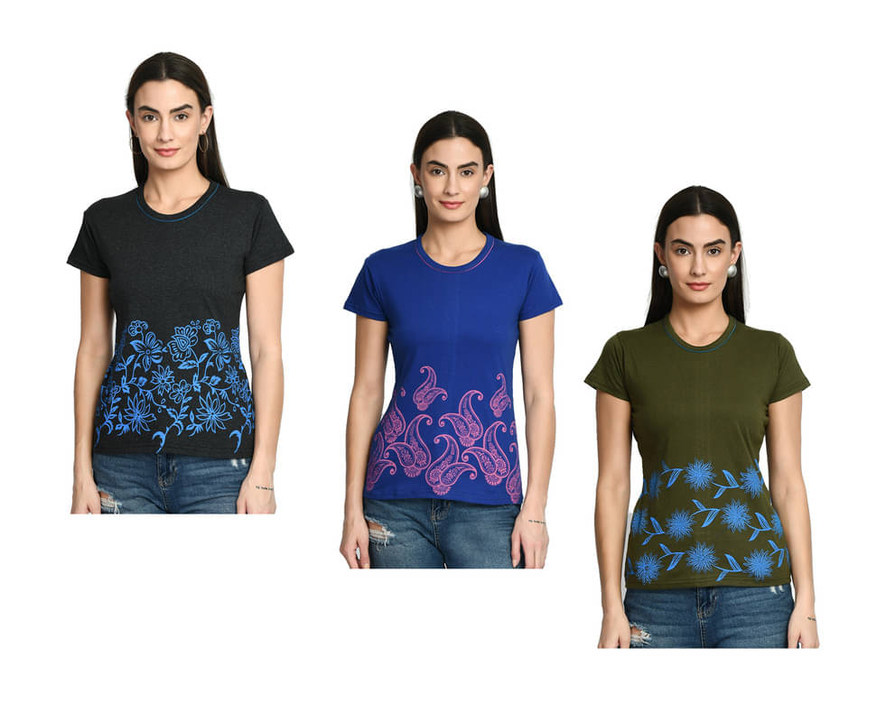 IndiWeaves Women Cotton Printed Regular Round Neck T-Shirt ( Multicolor ) IndiWeaves Women Cotton Printed Regular Round Neck T-Shirt ( Multicolor )