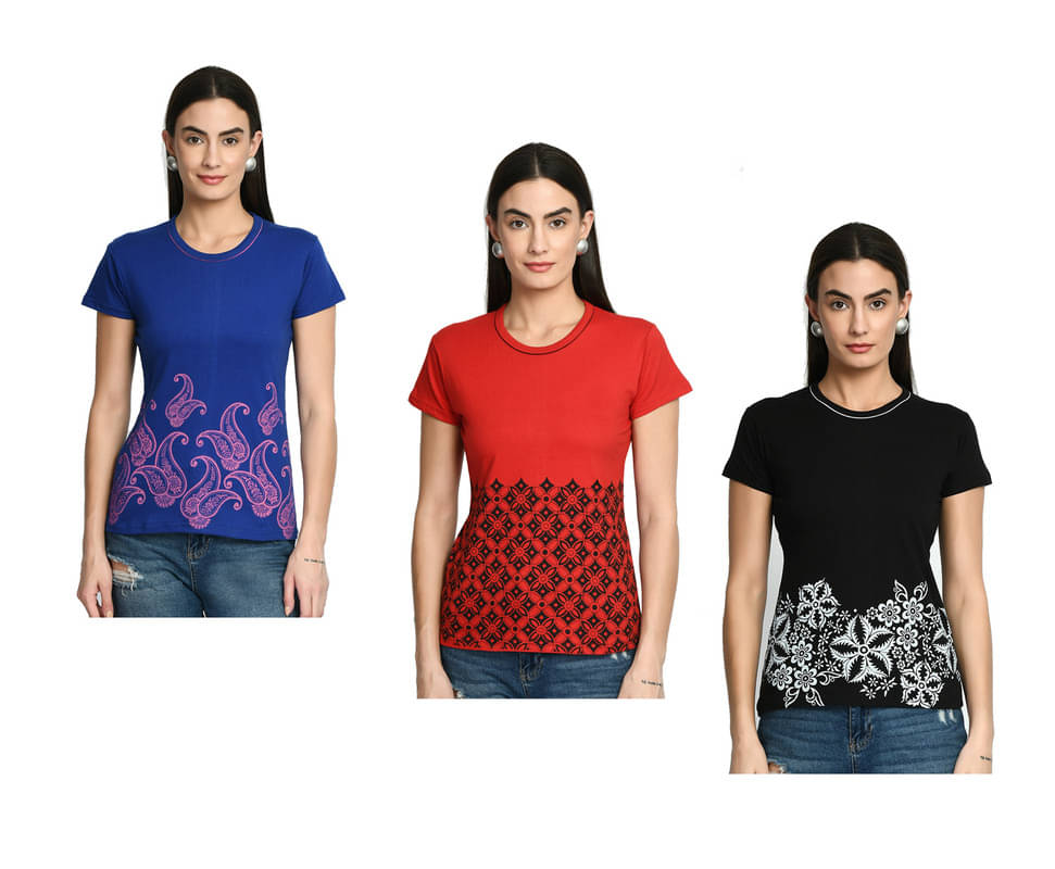 IndiWeaves Women Cotton Printed Regular Round Neck T-Shirt ( Multicolor )     			IndiWeaves Women Cotton Printed Regular Round Neck T-Shirt ( Multicolor )