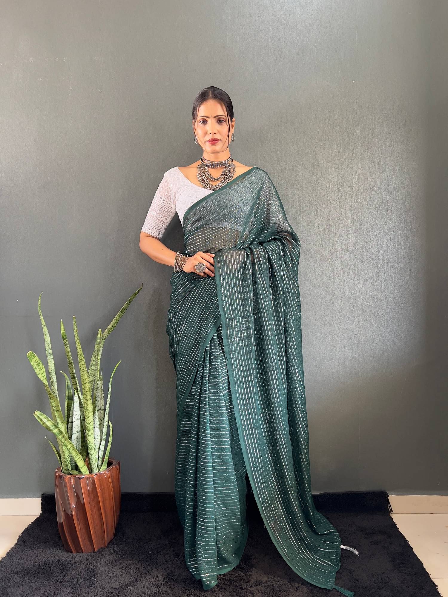 JULEE Chiffon Striped Saree With Unstitched Blouse Piece ( Rama ) JULEE Chiffon Striped Saree With Unstitched Blouse Piece ( Rama )