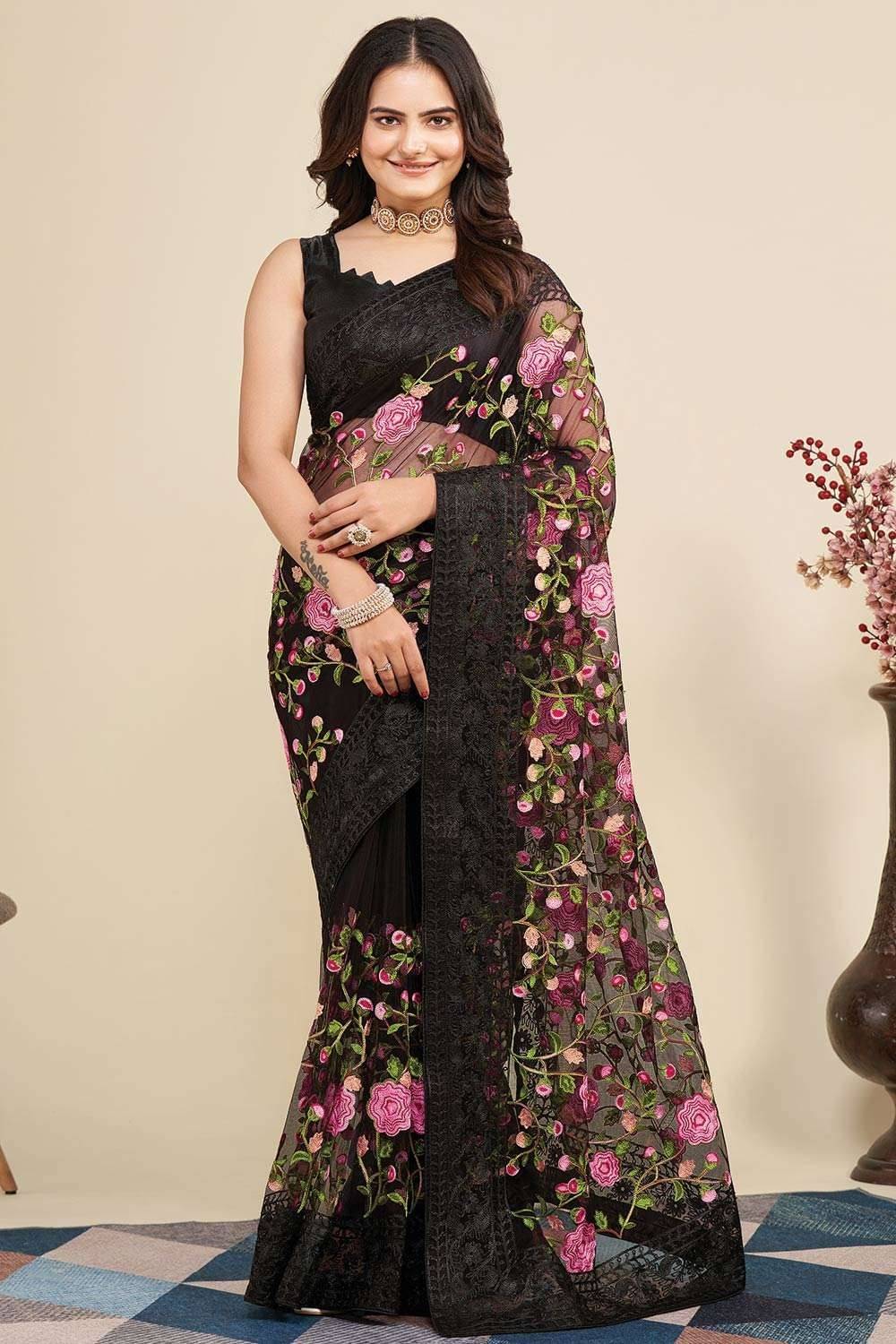 Keyura Net Embroidered Regular Saree With Unstitched Blouse Piece ( Black ) Keyura Net Embroidered Regular Saree With Unstitched Blouse Piece ( Black )