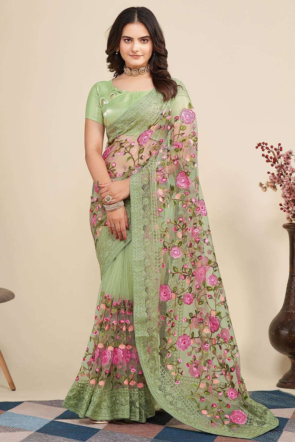 Keyura Net Embroidered Regular Saree With Unstitched Blouse Piece ( Light Green ) Keyura Net Embroidered Regular Saree With Unstitched Blouse Piece ( Light Green )