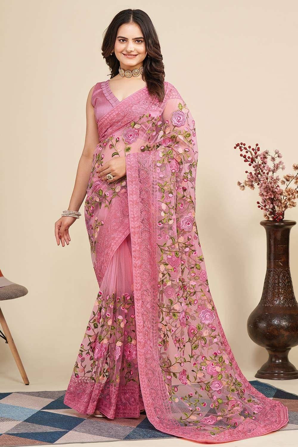     			Keyura Net Embroidered Regular Saree With Unstitched Blouse Piece ( Pink )