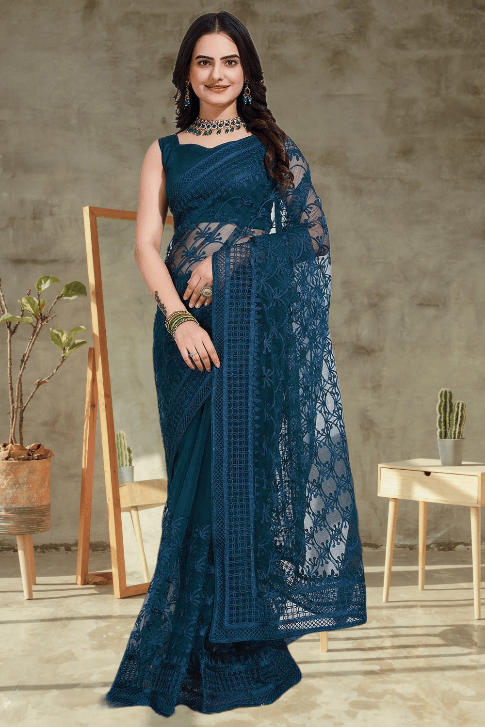 Keyura Net Embroidered Regular Saree With Unstitched Blouse Piece ( Blue ) Keyura Net Embroidered Regular Saree With Unstitched Blouse Piece ( Blue )