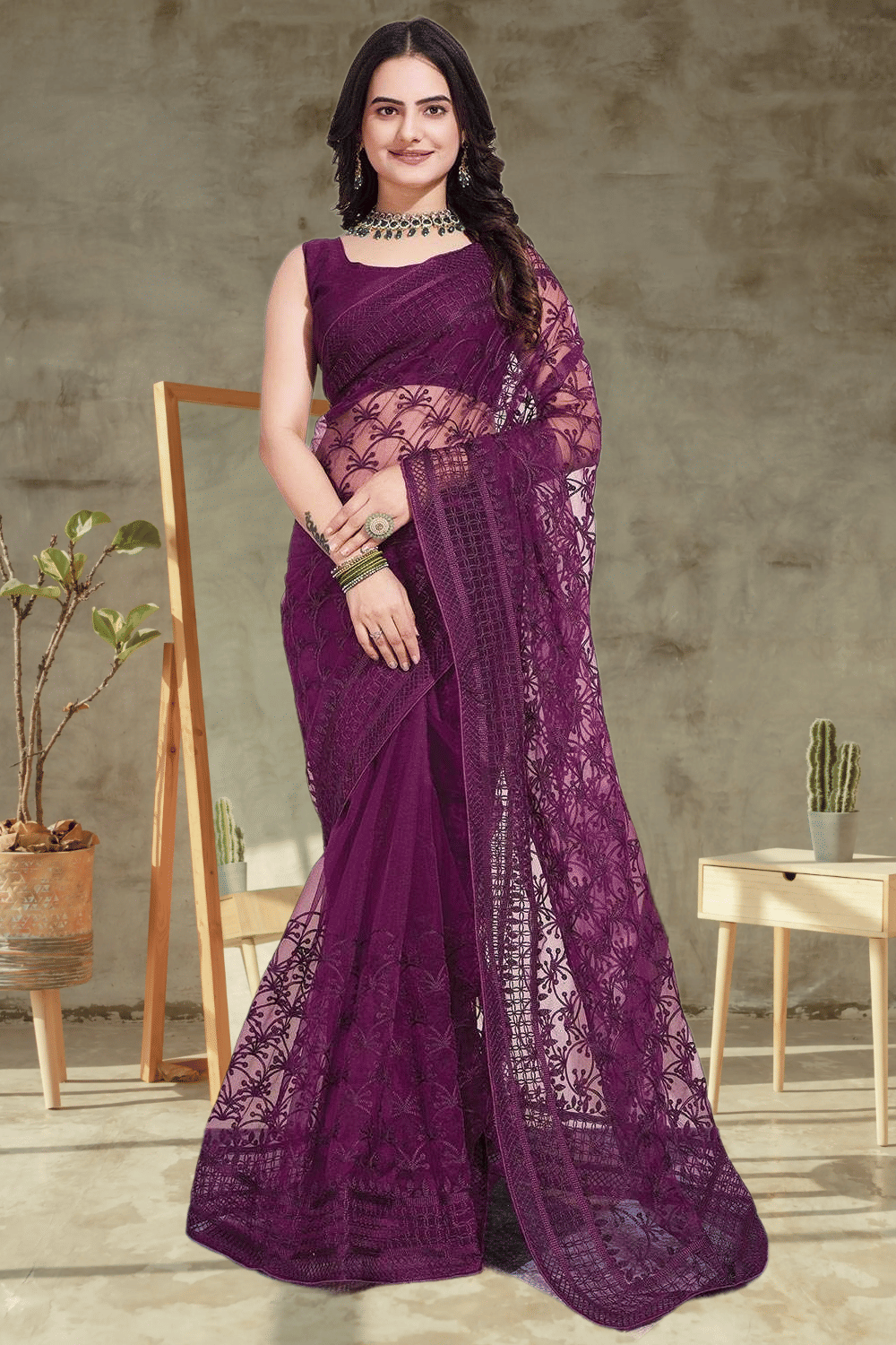     			Keyura Net Embroidered Regular Saree With Unstitched Blouse Piece ( Purple )
