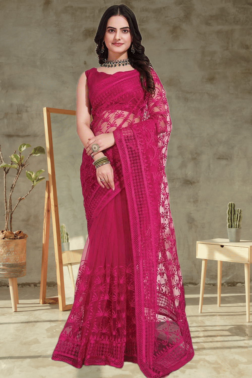 Keyura Net Embroidered Regular Saree With Unstitched Blouse Piece ( Rani ) Keyura Net Embroidered Regular Saree With Unstitched Blouse Piece ( Rani )