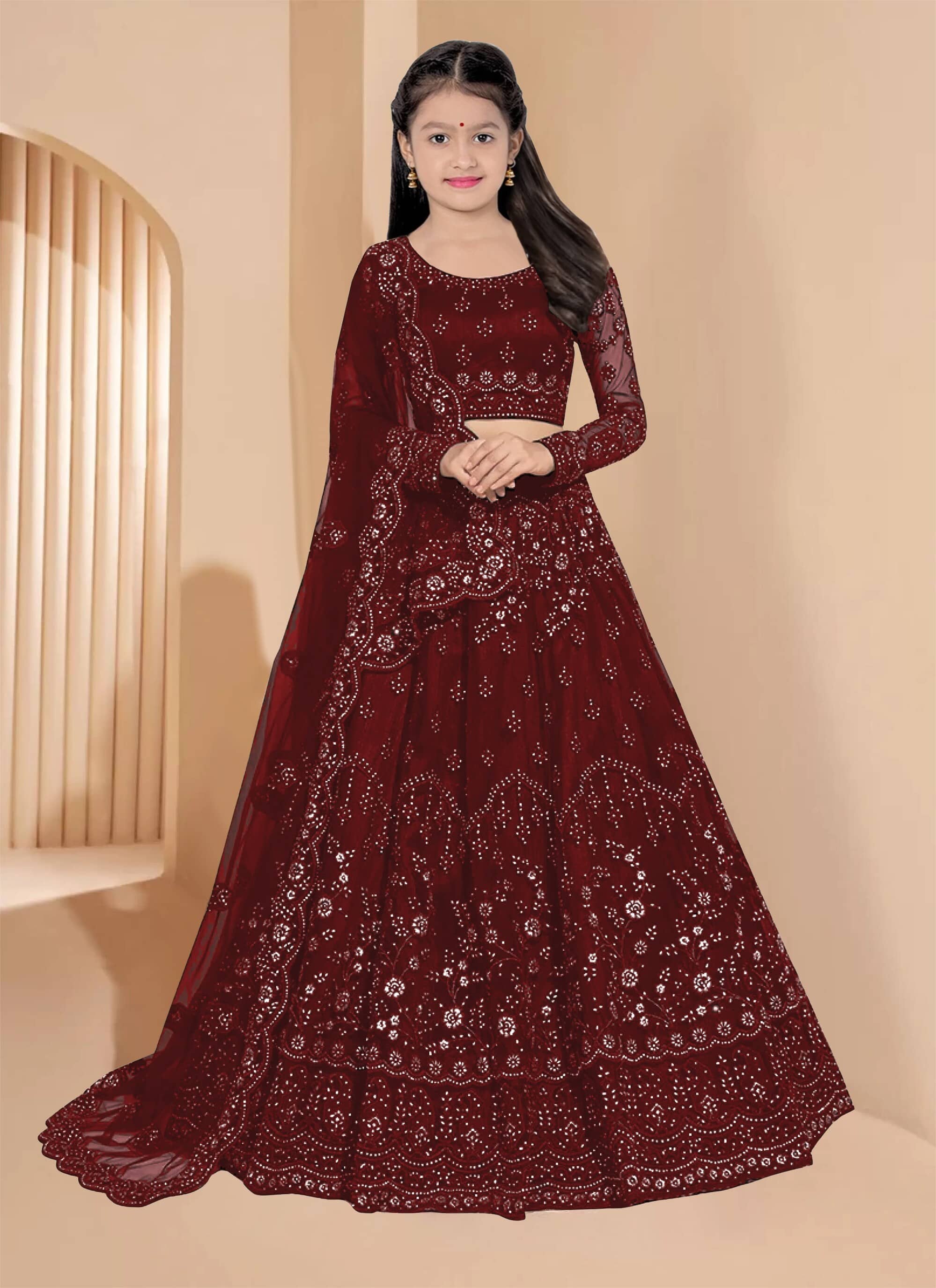 Keyura Net Lehenga Choli Set For Girls ( Pack of 1 , Maroon )