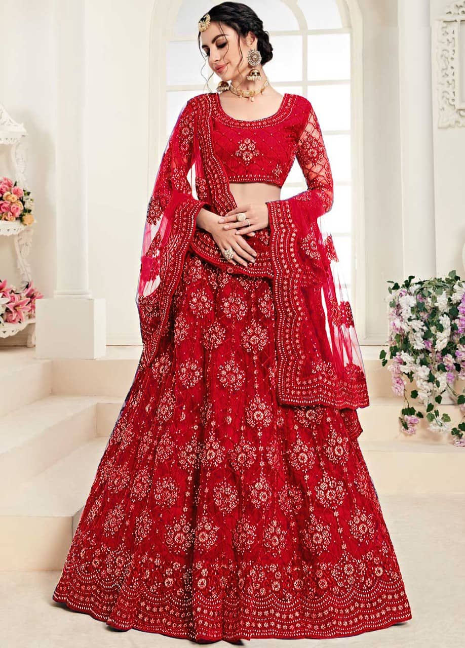 Keyura Red Super Net Chaniya Choli Semi Stitched Lehenga Single