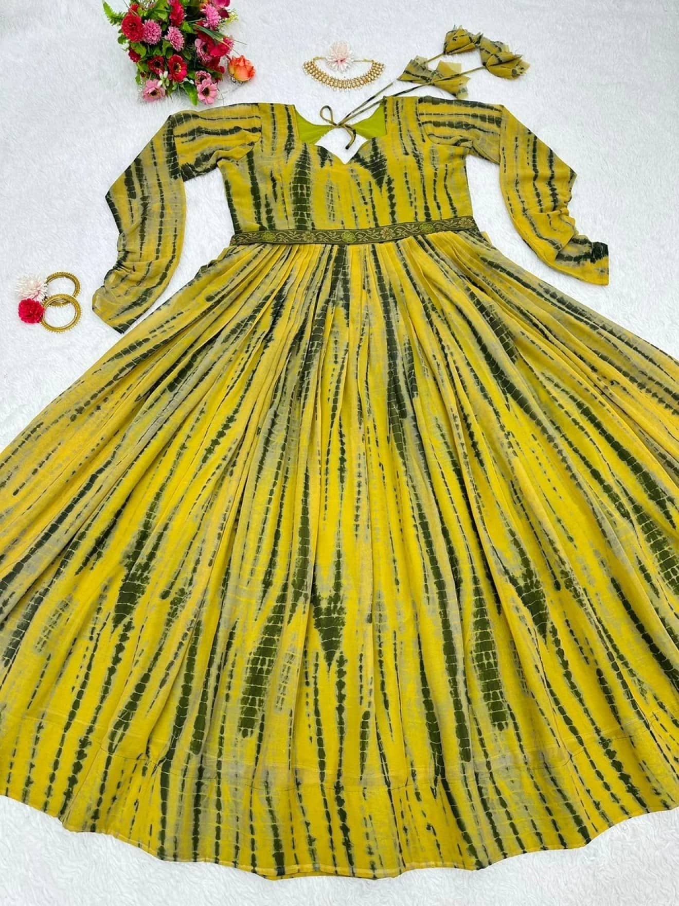 Krunal Raiyani Women's Cotton Blend Printed Fit & Flare Dress ( Yellow )