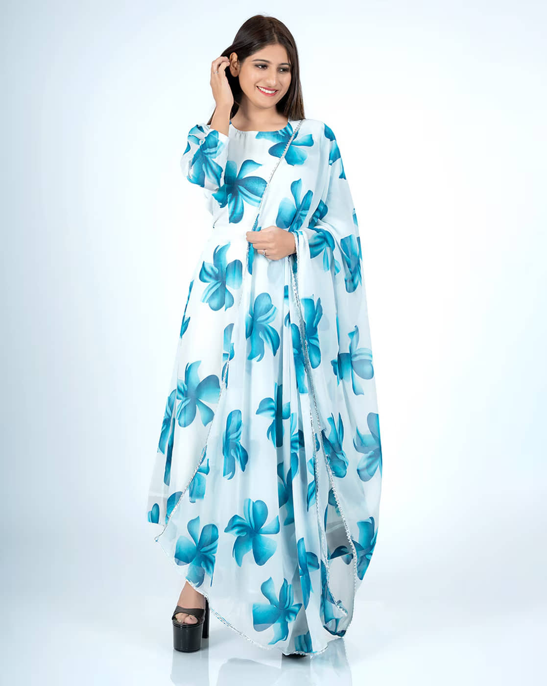 Krunal Raiyani Women's Cotton Blend Printed Fit & Flare Dress ( Blue )