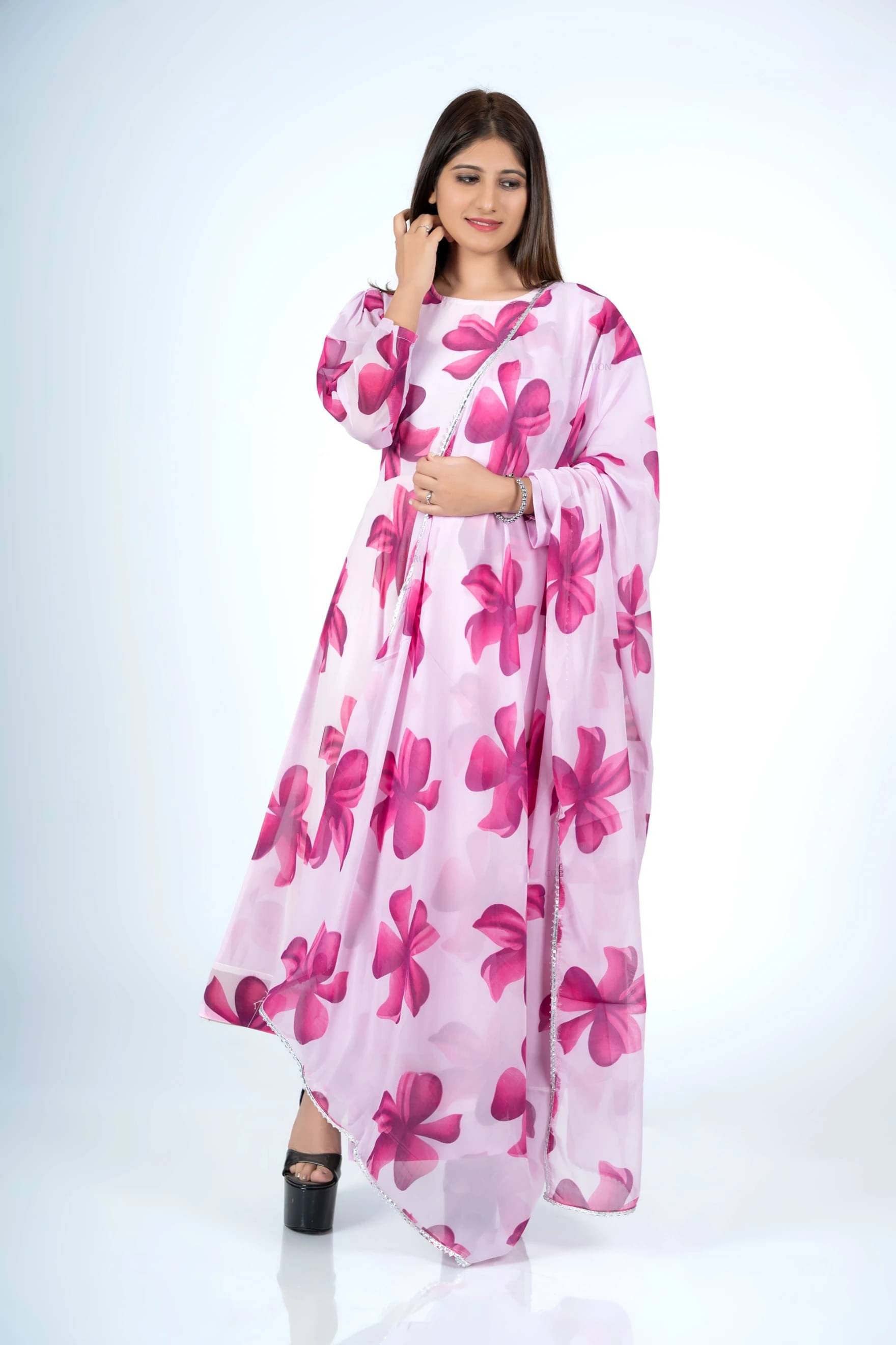     			Krunal Raiyani Women's Cotton Blend Printed Flared Kurti with Dupatta - ( Pink )