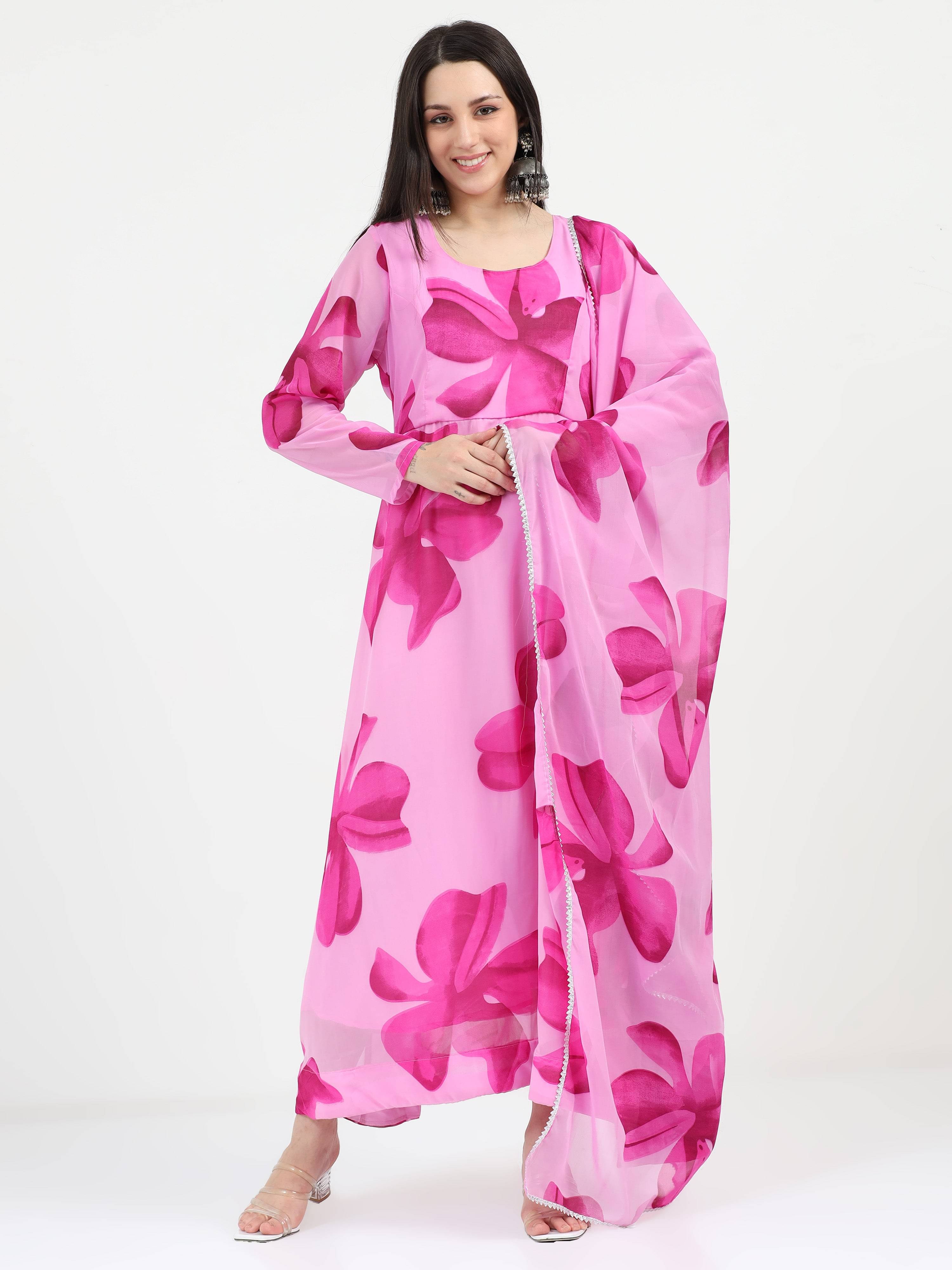Krunal Raiyani Women's Cotton Blend Printed Flared Kurti with Dupatta - ( Pink ) Krunal Raiyani Women's Cotton Blend Printed Flared Kurti with Dupatta - ( Pink )