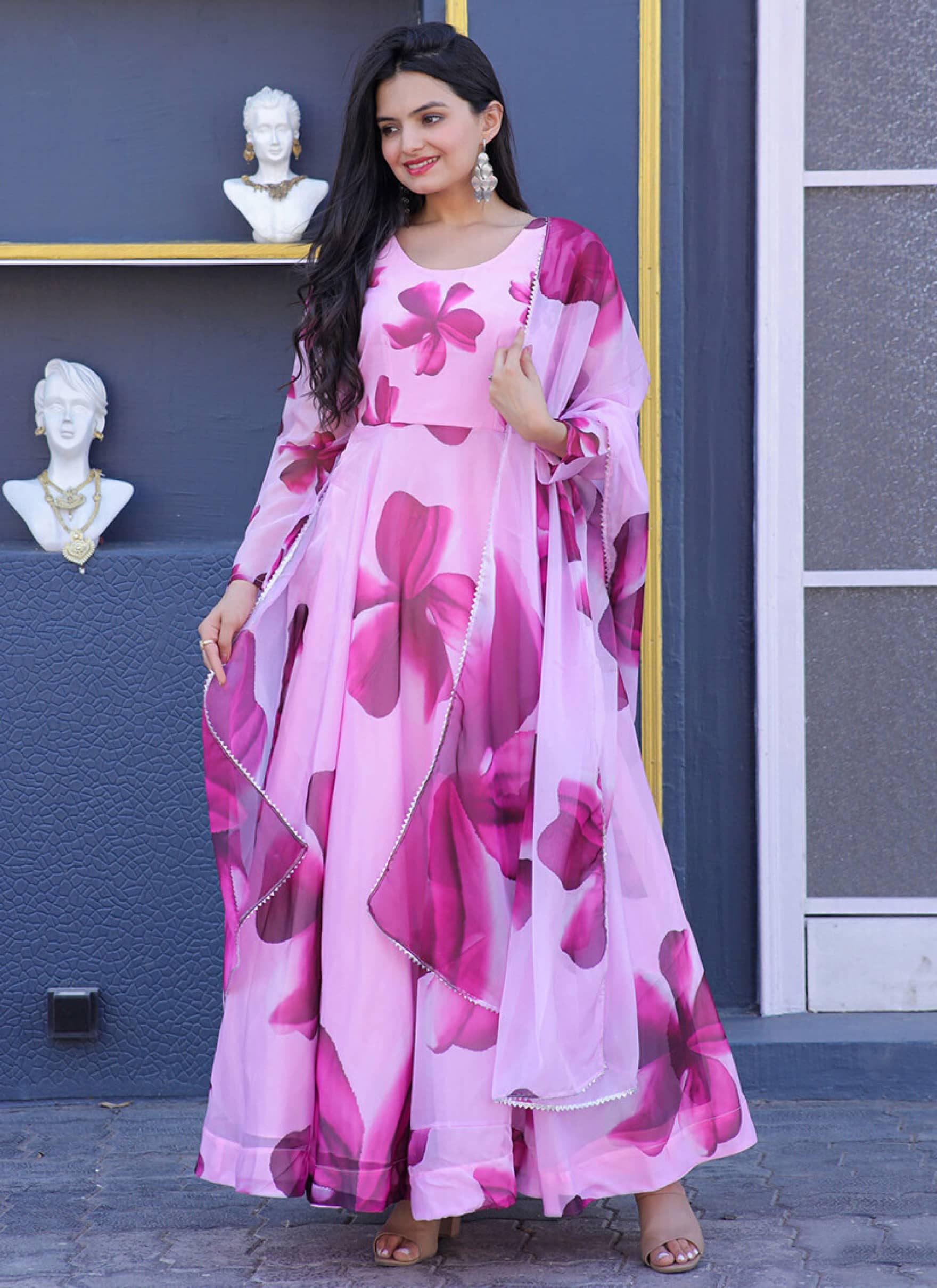 Krunal Raiyani Women's Cotton Blend Printed Flared Kurti with Dupatta - ( Pink ) - Kurtis, Tunics | Buy online on ZillyBuy