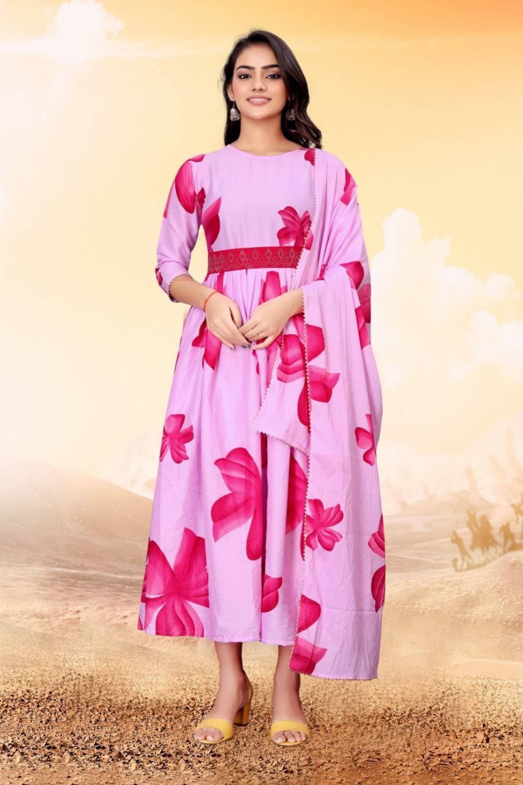 Krunal Raiyani Women's Cotton Blend Printed Fit & Flare Dress ( Pink ) Krunal Raiyani Women's Cotton Blend Printed Fit & Flare Dress ( Pink )