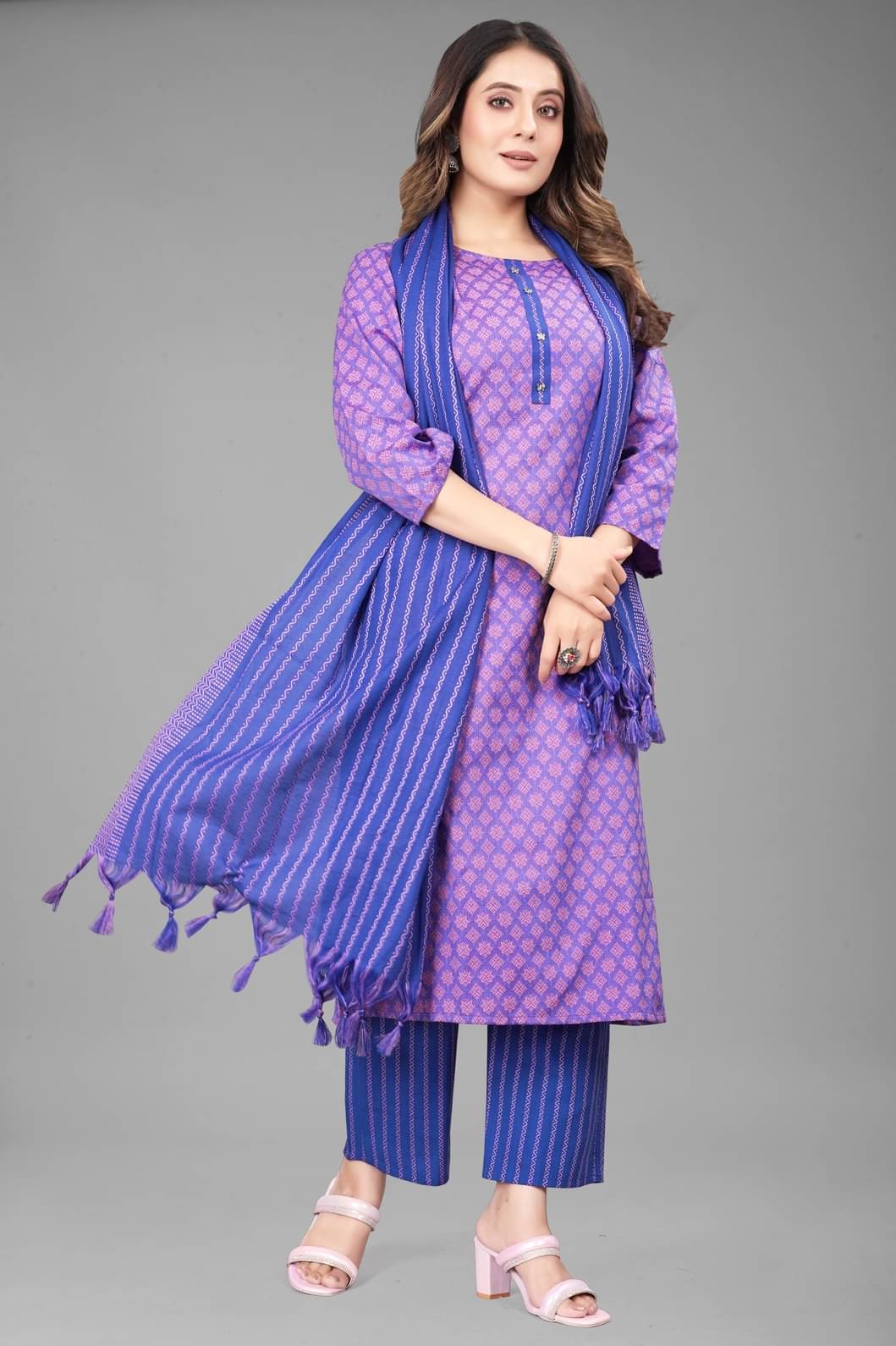 MEHUL TEXTILE / MVC GROUP OF COMPANY Women Cotton Printed Straight Kurti With Pants ( Lavender ) MEHUL TEXTILE / MVC GROUP OF COMPANY Women Cotton Printed Straight Kurti With Pants ( Lavender )