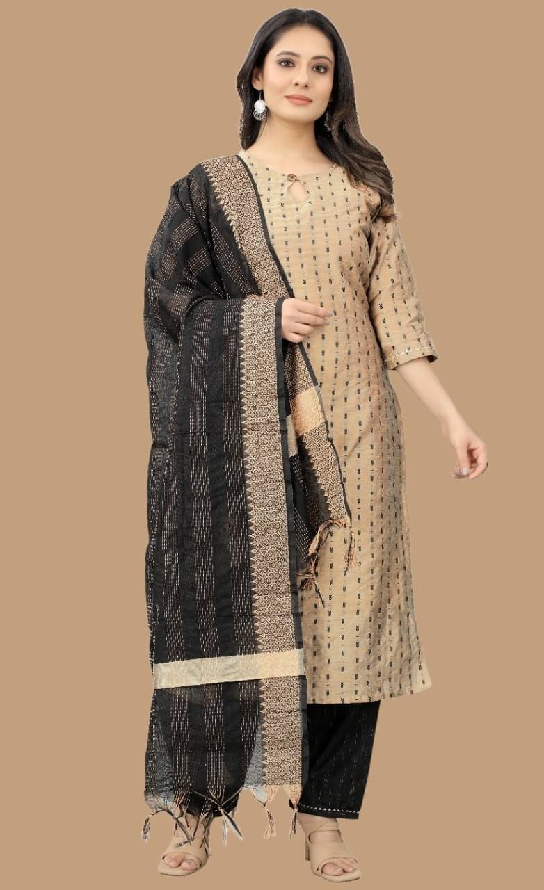 MEHUL TEXTILE / MVC GROUP OF COMPANY Women Cotton Silk Printed Straight Kurti With Pants ( Gold ) MEHUL TEXTILE / MVC GROUP OF COMPANY Women Cotton Silk Printed Straight Kurti With Pants ( Gold )