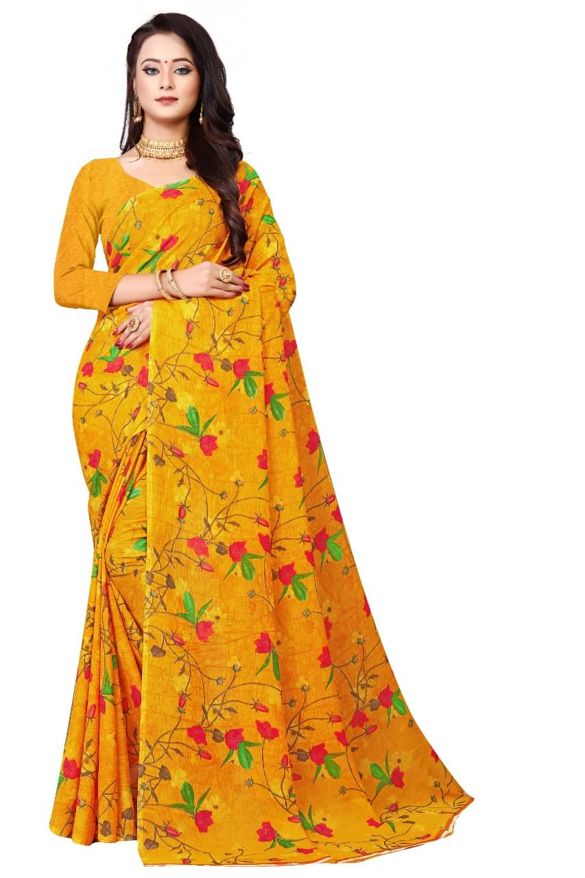 Maayro Georgette Printed Saree With Unstitched Blouse Piece ( Yellow1 ) Maayro Georgette Printed Saree With Unstitched Blouse Piece ( Yellow1 )