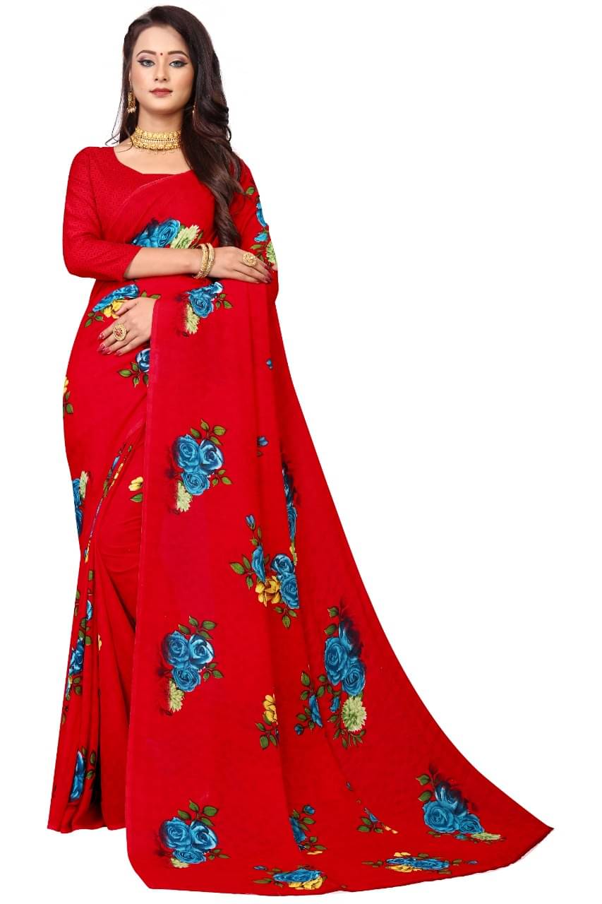 Maayro Georgette Printed Saree With Unstitched Blouse Piece ( Red ) Maayro Georgette Printed Saree With Unstitched Blouse Piece ( Red )