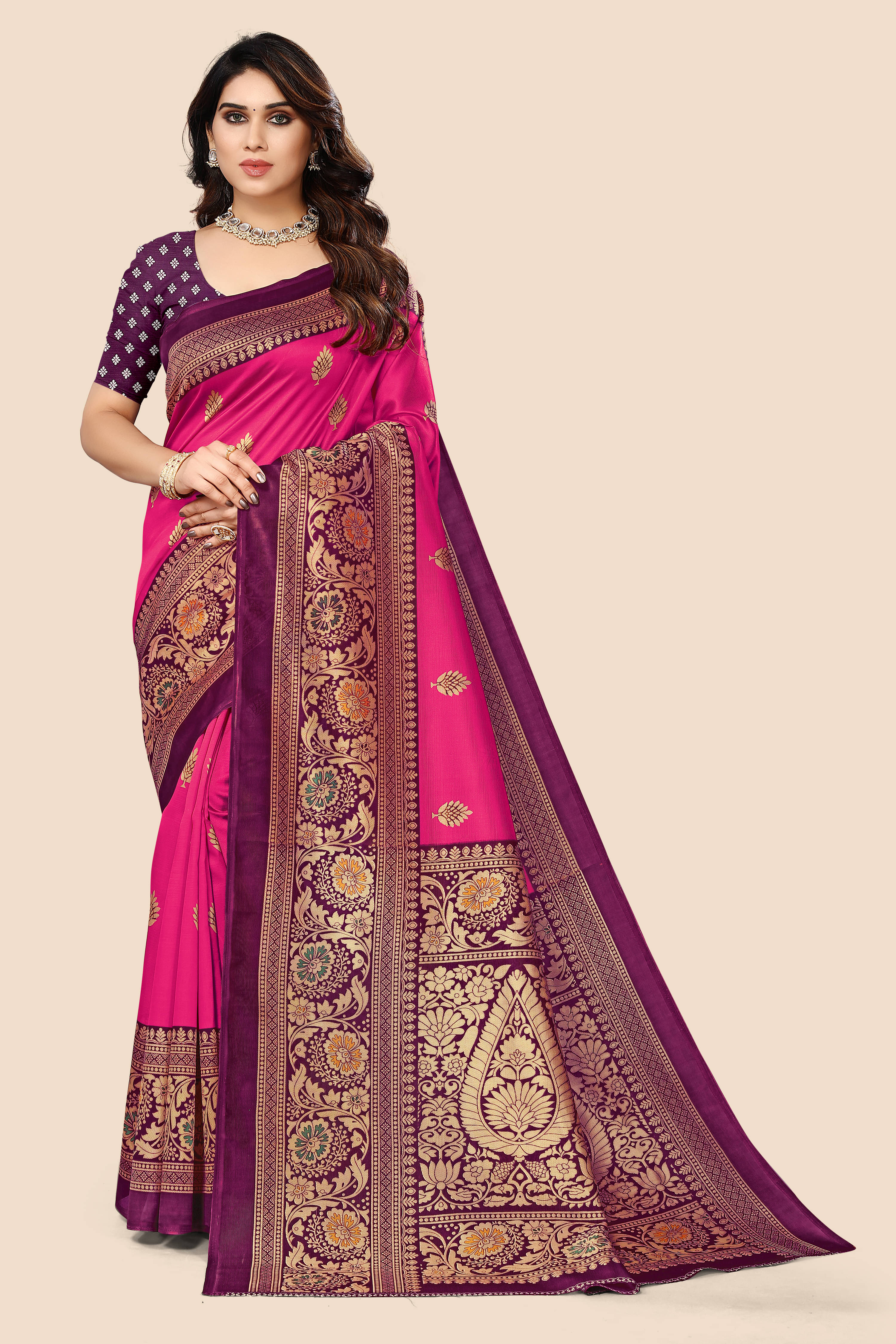     			Maayro Mysore Silk Printed Saree With Unstitched Blouse Piece ( Pink )