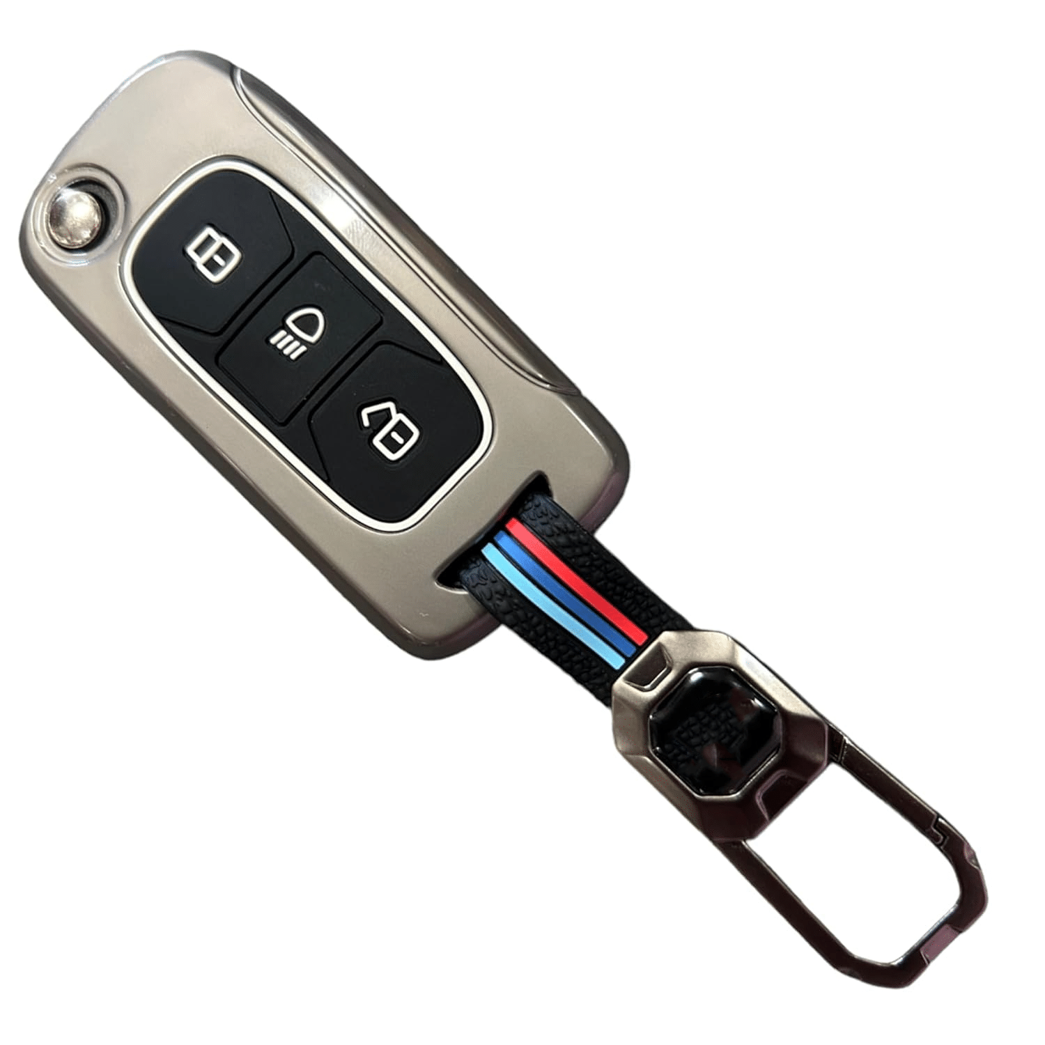     			Metal Alloy Car Key Cover & Soft Silicon Black Striped Case Holder with Keychain Compatible for TATA Nexon, Punch, Altroz, Tigor, Tiago, Harrier, Zets, Bolt, Hexa, Storme (3 Button Flip Key)