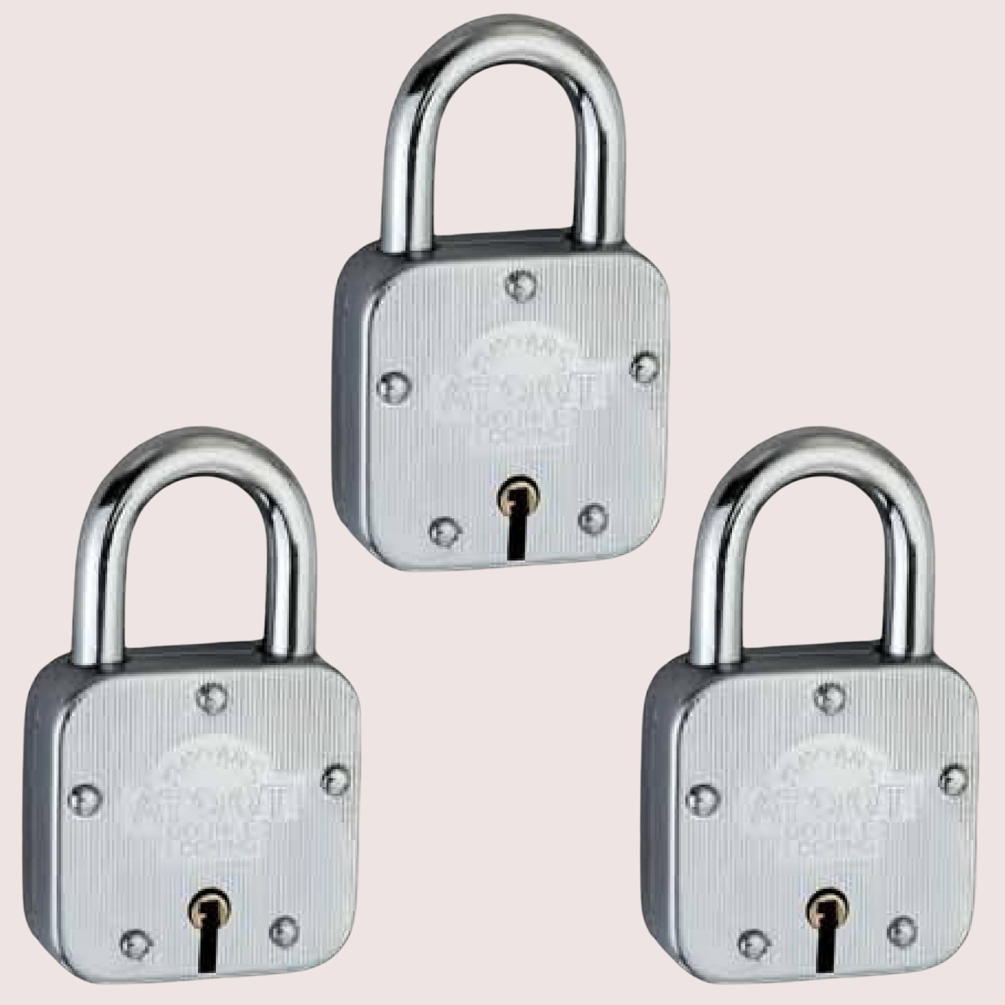 NAYYARS Atoot Bright or Silver Heavy-Duty 7-Lever Iron Padlock comes with 3 Keys with Double Locking System – Ultra-Secure 45mm Square Shape Lock for Home, Office, and Shop, Pack of 3 NAYYARS Atoot Bright or Silver Heavy-Duty 7-Lever Iron Padlock comes with 3 Keys with Double Locking System – Ultra-Secure 45mm Square Shape Lock for Home, Office, and Shop, Pack of 3