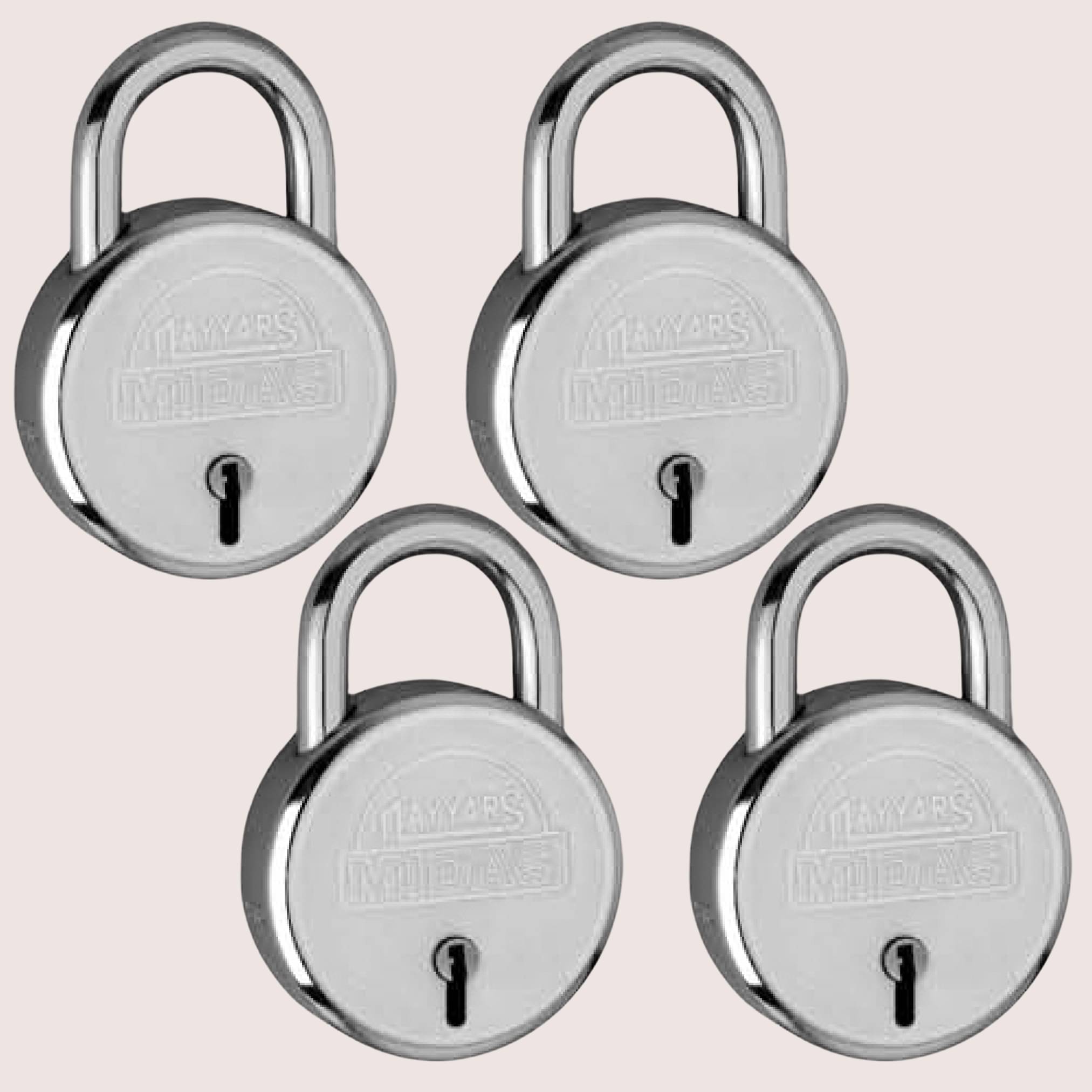 NAYYARS MIDAS Heavy-Duty 40mm Round Padlock with 7-Lever Security & 3 Iron Keys – Durable Silver Lock for Home, Office, and Travel, Pack of 4 NAYYARS MIDAS Heavy-Duty 40mm Round Padlock with 7-Lever Security & 3 Iron Keys – Durable Silver Lock for Home, Office, and Travel, Pack of 4