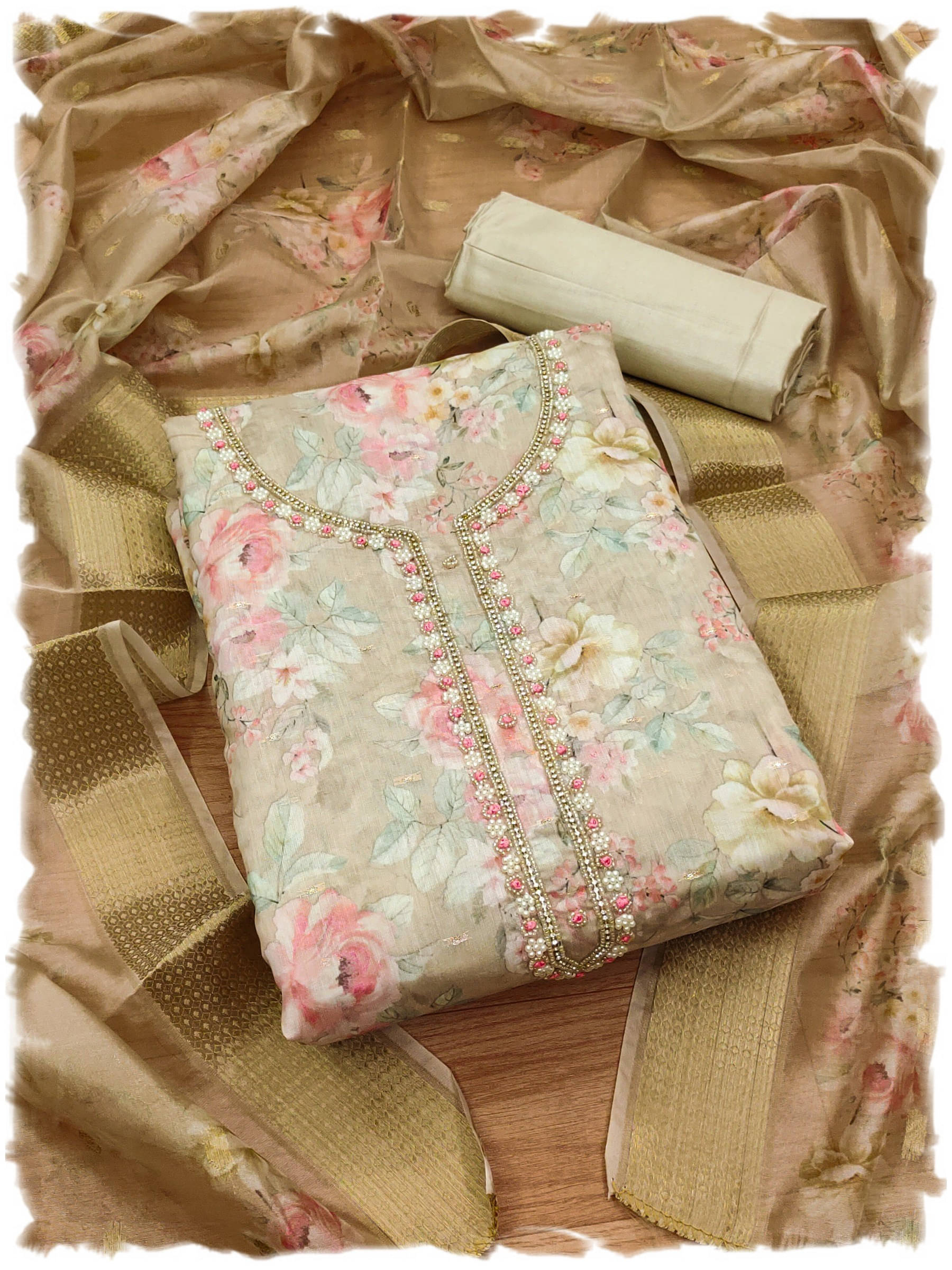 Rangtulika Ethnics Women Chanderi Unstitched Dress Material ( Beige )     			Rangtulika Ethnics Women Chanderi Unstitched Dress Material ( Beige )