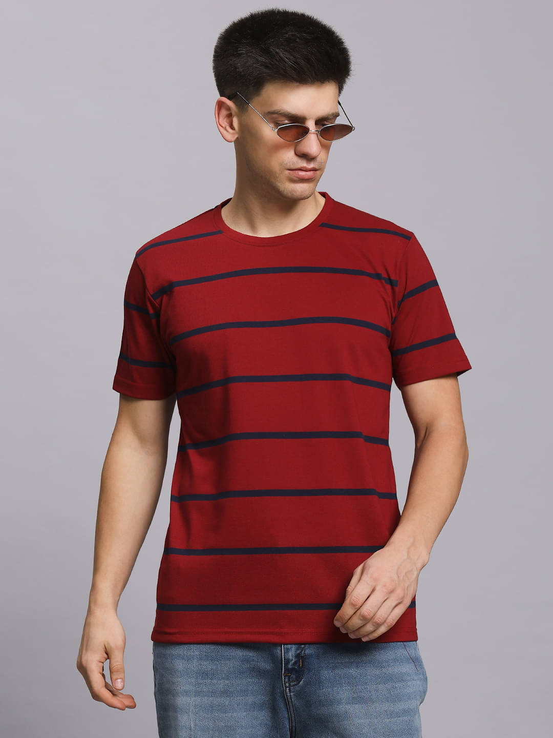 SCOLLER Men Cotton Blend Regular Fit Striped T-Shirt ( Maroon ) SCOLLER Men Cotton Blend Regular Fit Striped T-Shirt ( Maroon )