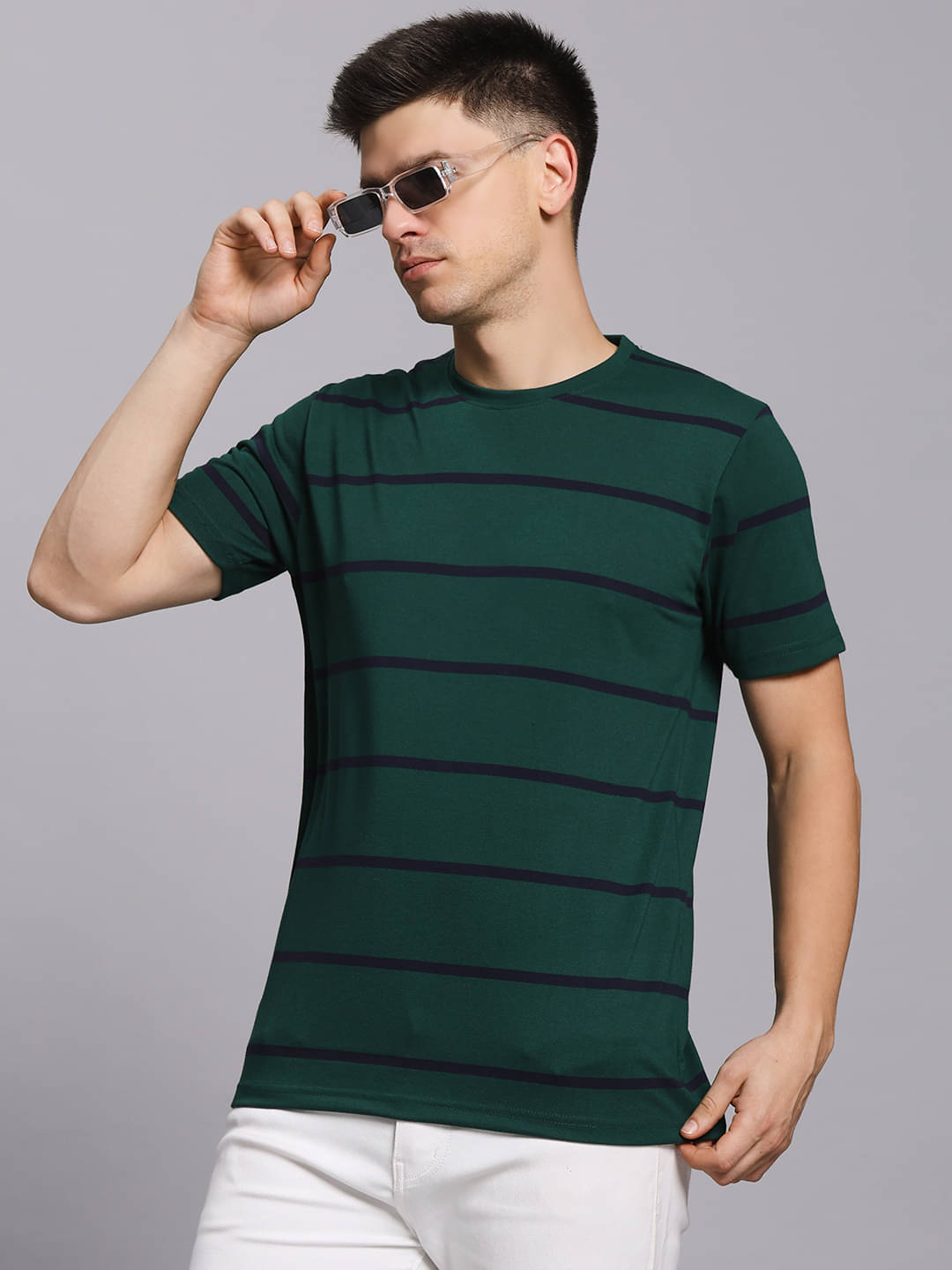     			SCOLLER Men Cotton Blend Regular Fit Striped T-Shirt ( Dark Green )