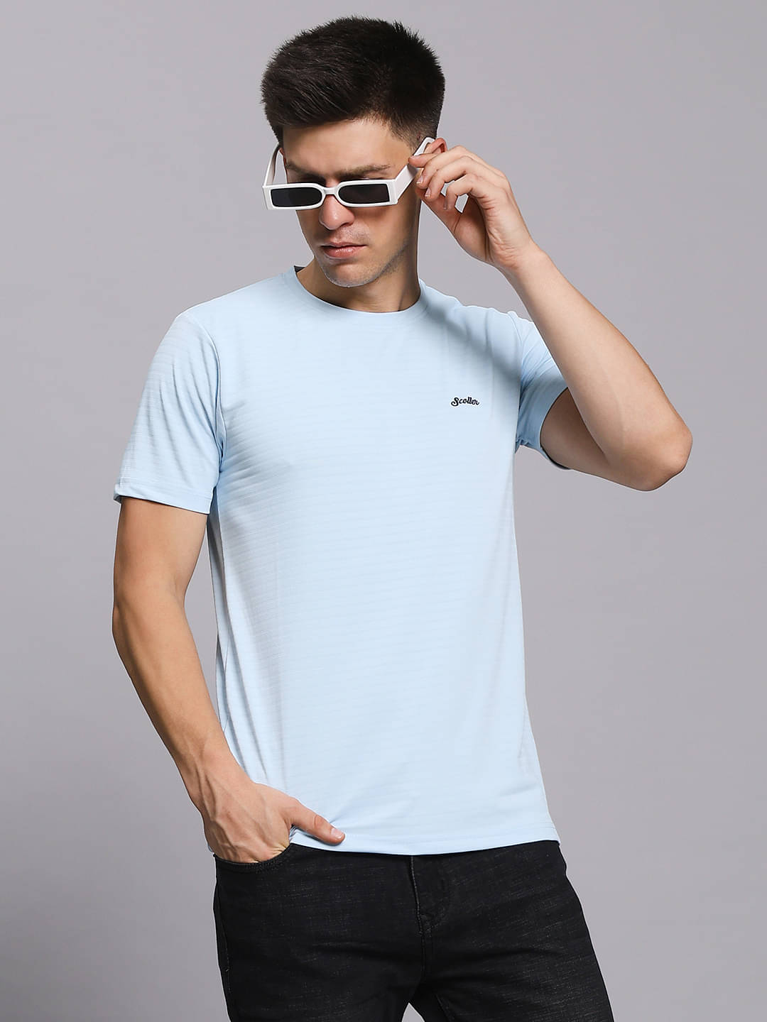 SCOLLER Men Cotton Blend Regular Fit Solid T-Shirt ( Blue ) SCOLLER Men Cotton Blend Regular Fit Solid T-Shirt ( Blue )