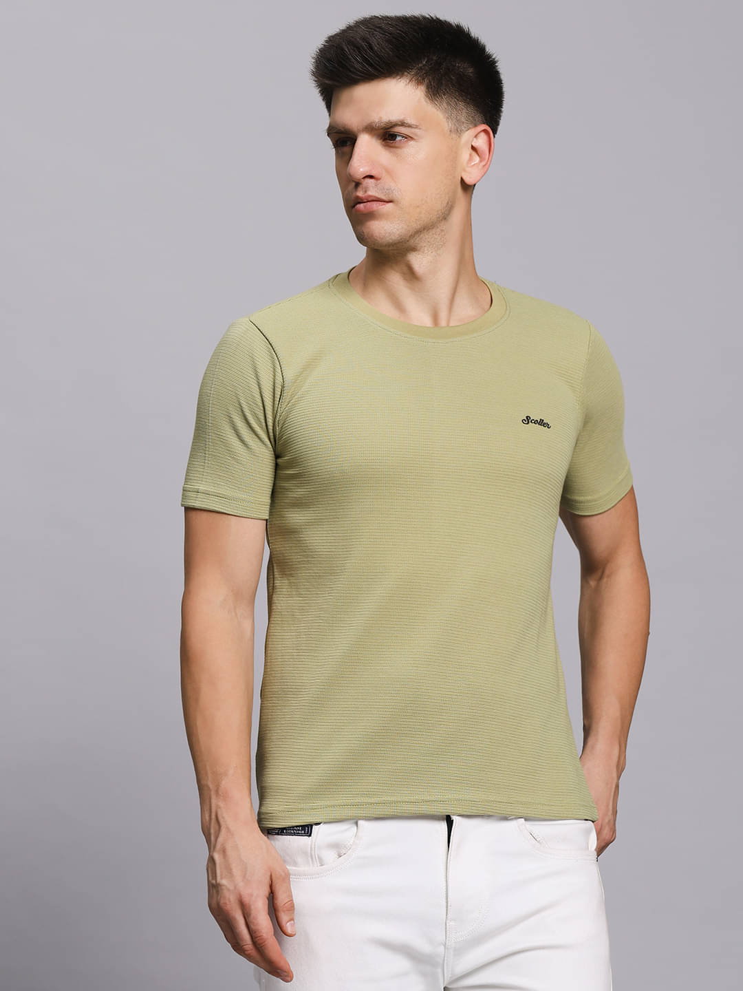     			SCOLLER Men Cotton Blend Regular Fit Solid T-Shirt ( Light Green )