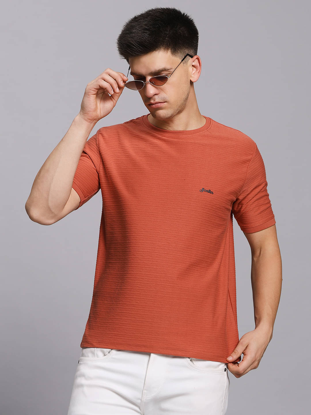 SCOLLER Men Cotton Blend Regular Fit Solid T-Shirt ( Orange ) SCOLLER Men Cotton Blend Regular Fit Solid T-Shirt ( Orange )