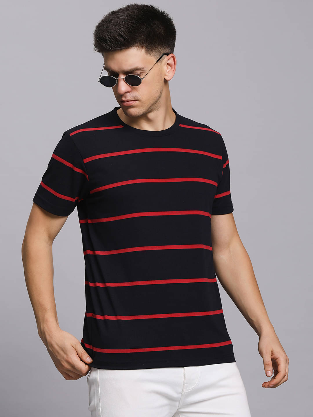 SCOLLER Men Cotton Blend Regular Fit Striped T-Shirt ( Navy Blue ) SCOLLER Men Cotton Blend Regular Fit Striped T-Shirt ( Navy Blue )