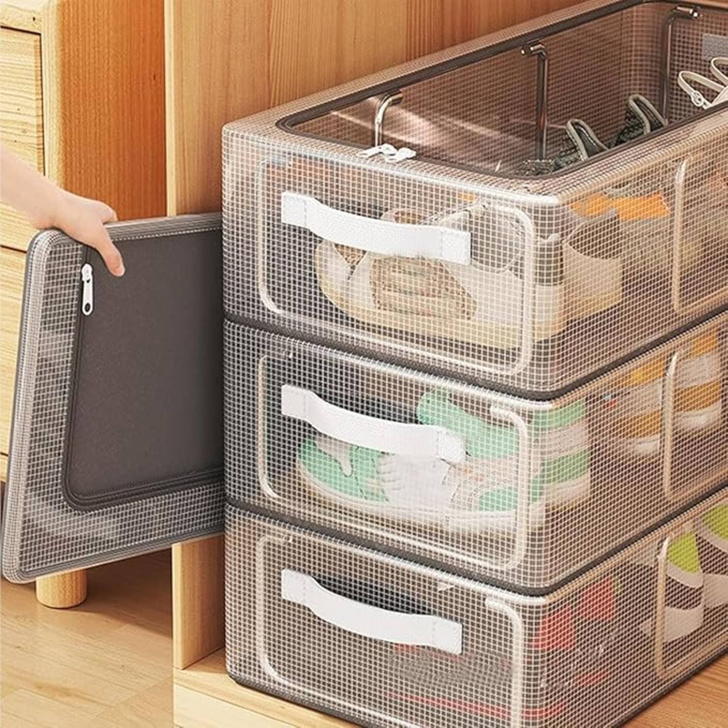     			Shoe Organizer for Closet, Foldable Shoe Storage Bins with Clear Cover, Space Saving Shoes Holder with Handles, Large Adjustable Shoe Box Storage Containers