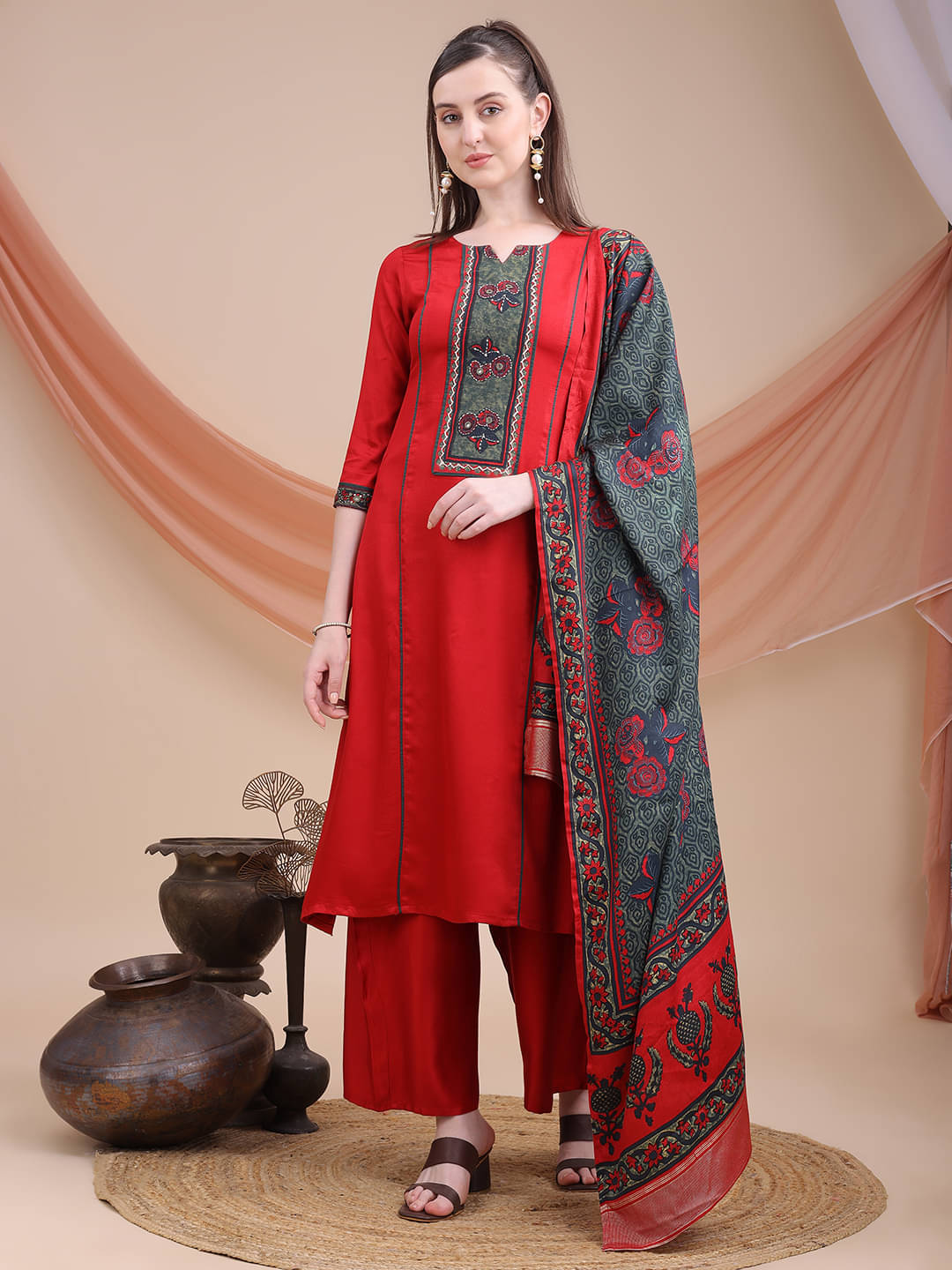     			Sitaram Designer Women Viscose Embellished Straight Kurti With Palazzo ( Maroon )