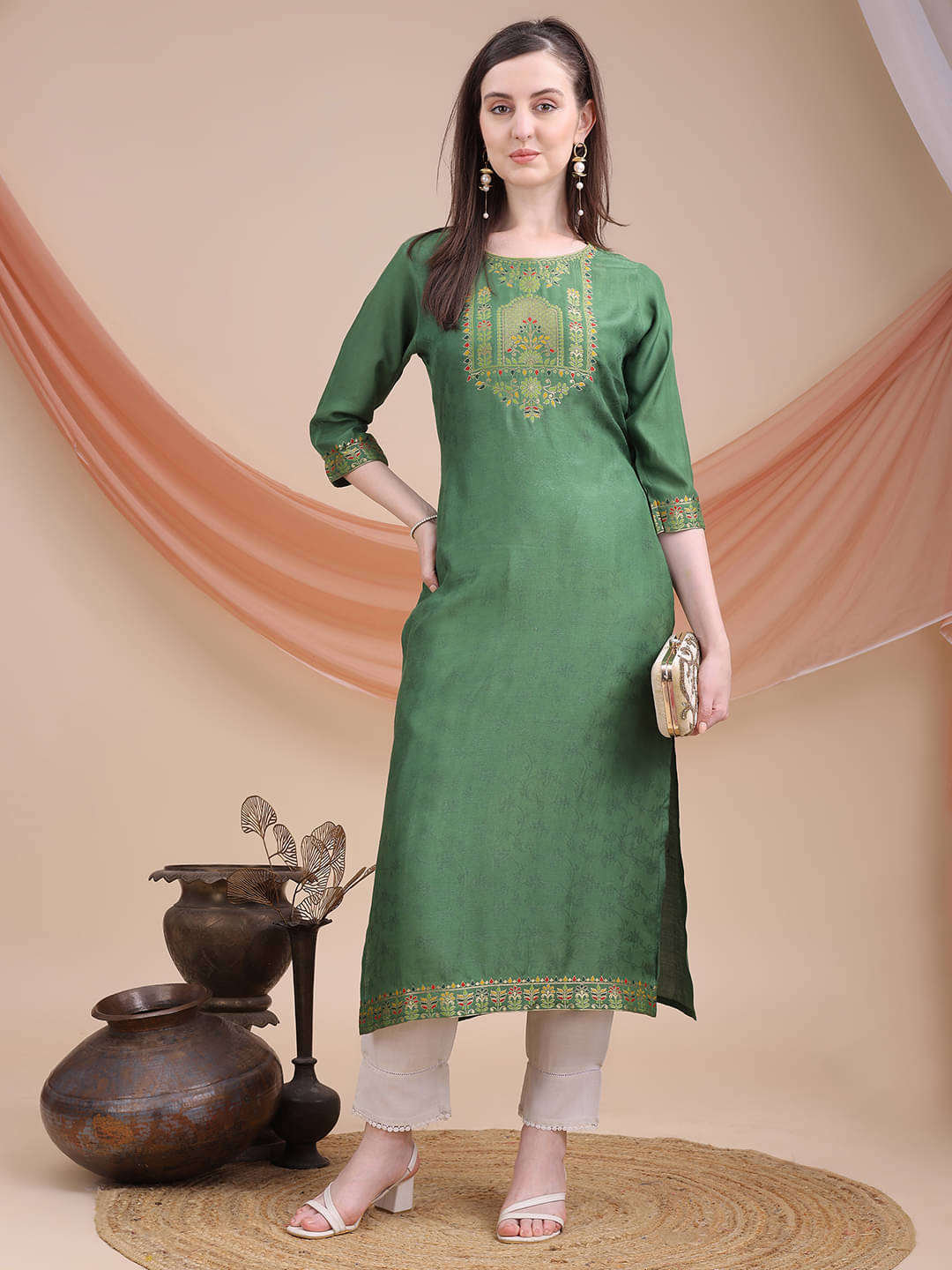     			Sitaram Designer Women's Viscose Embellished Straight Kurti - ( Green )