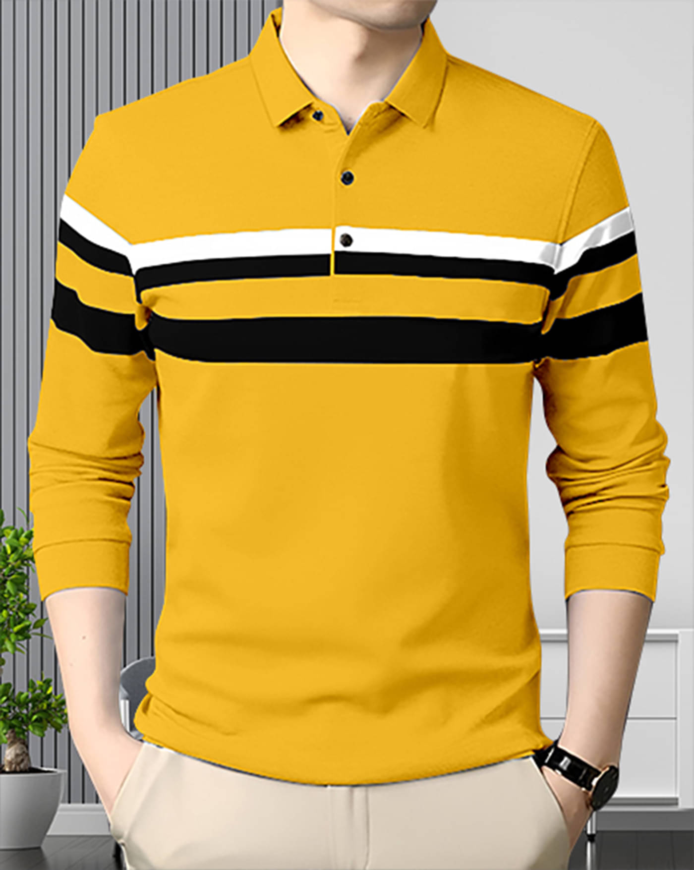     			ENITOR Men Cotton Blend Regular Fit Striped Polo T Shirt ( Mustard )