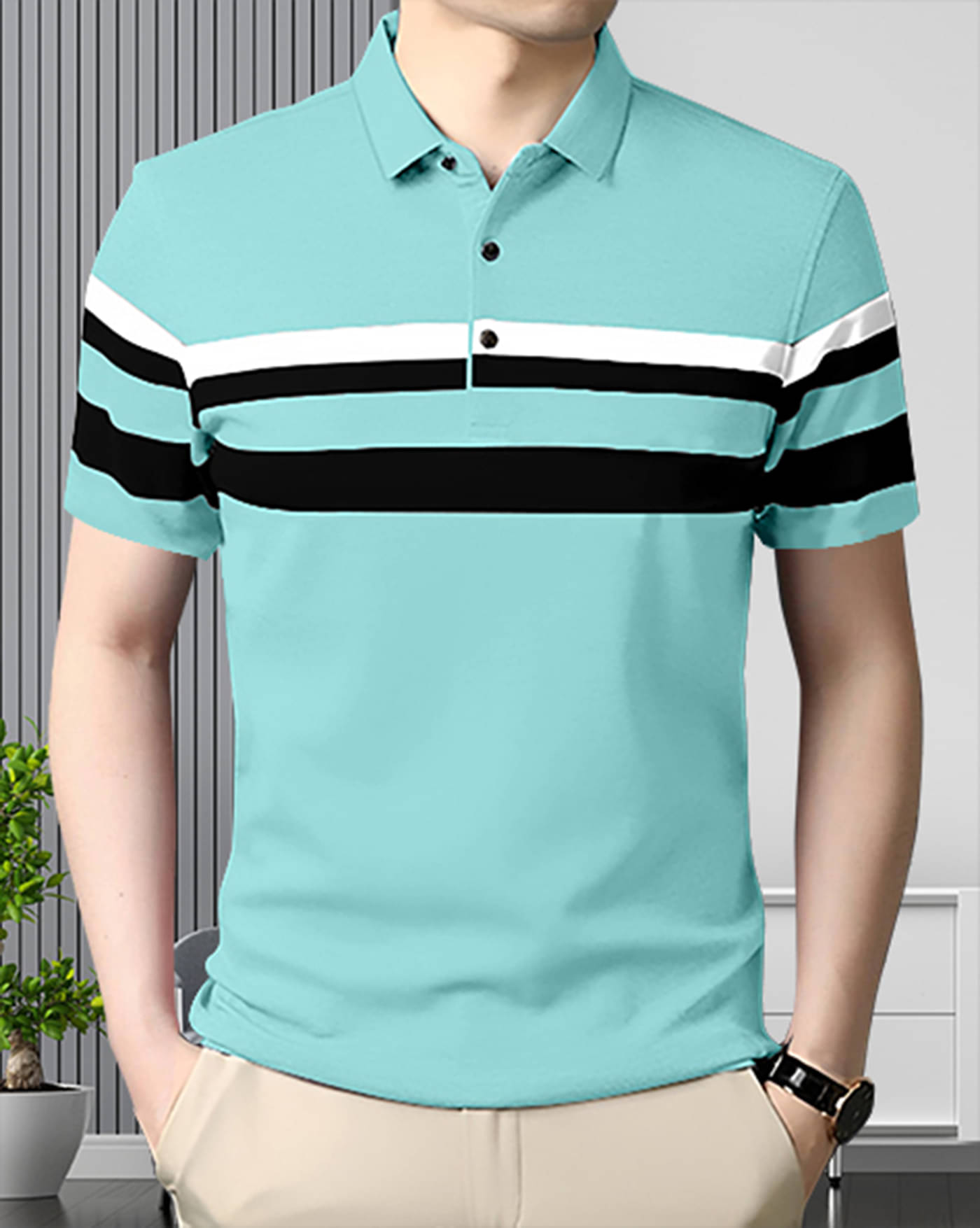     			ENITOR Men Cotton Blend Regular Fit Striped Polo T Shirt ( Sky Blue )