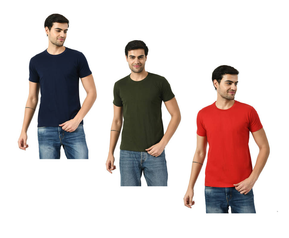     			IndiWeaves Men Cotton Regular Fit Solid T-Shirt ( Multicolor )