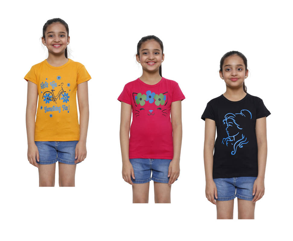     			IndiWeaves Pack of 3 Girls Cotton T-Shirt ( Multicolor )