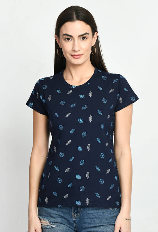     			IndiWeaves Women Cotton Printed Regular Round Neck T-Shirt ( Navy Blue )