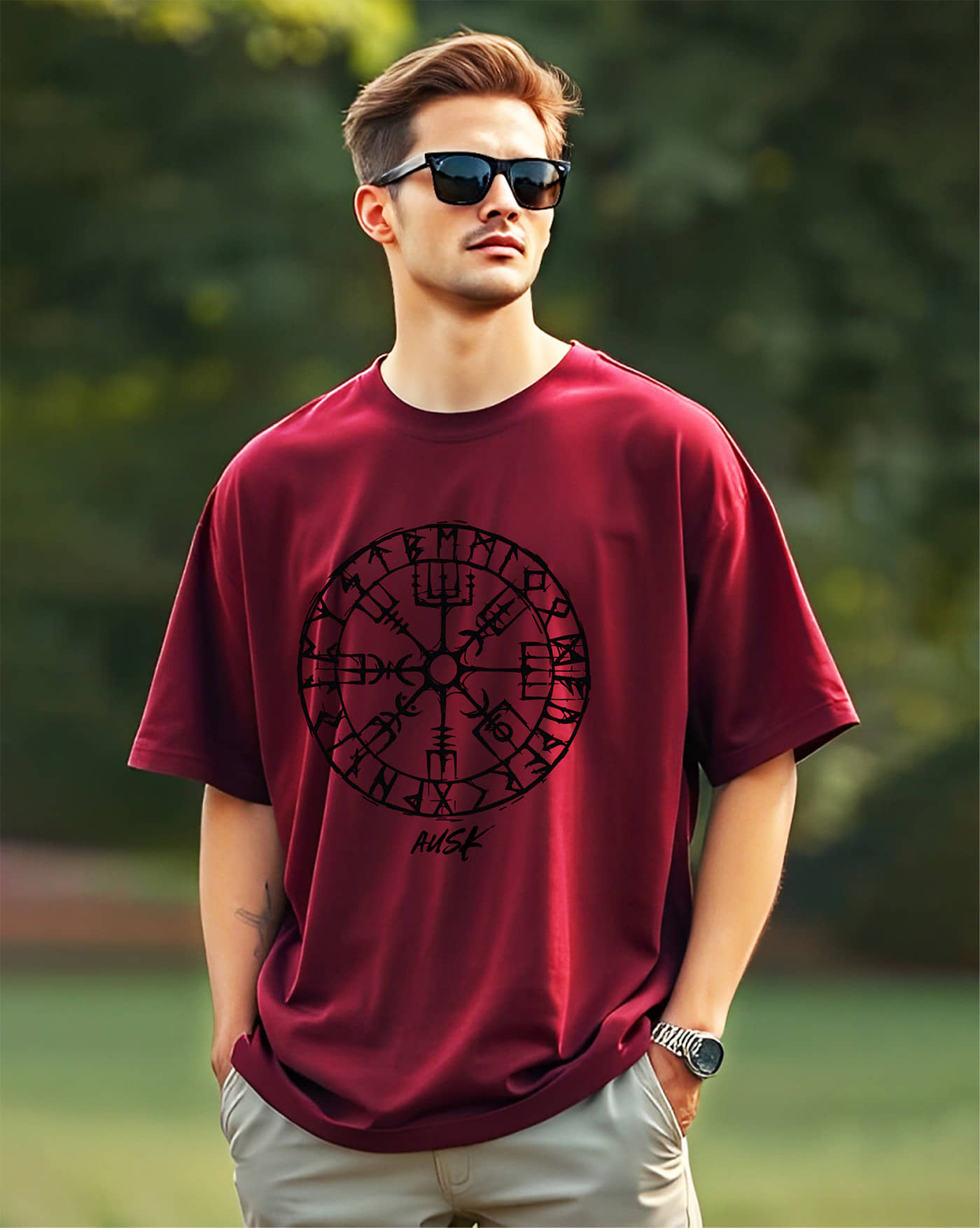 AUSK Men Cotton Blend Oversized Fit Printed T-Shirt ( Maroon )