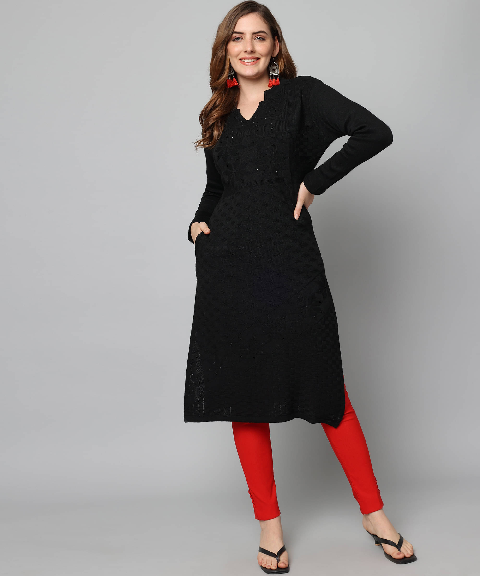 Canblar Women's Woollen Self Design Straight Kurti - ( Black ) Canblar Women's Woollen Self Design Straight Kurti - ( Black )