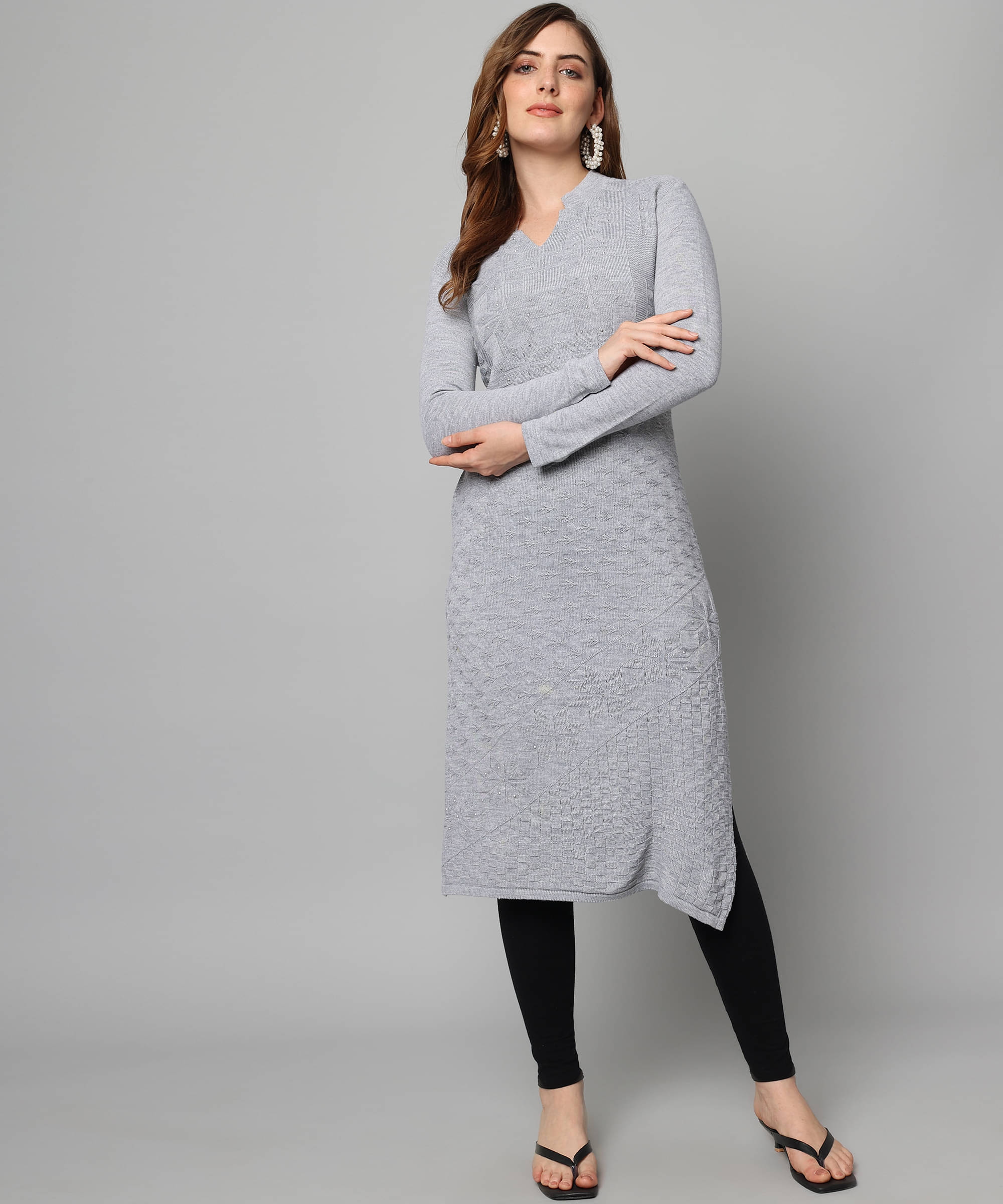     			Canblar Women's Woollen Self Design Straight Kurti - ( Grey )