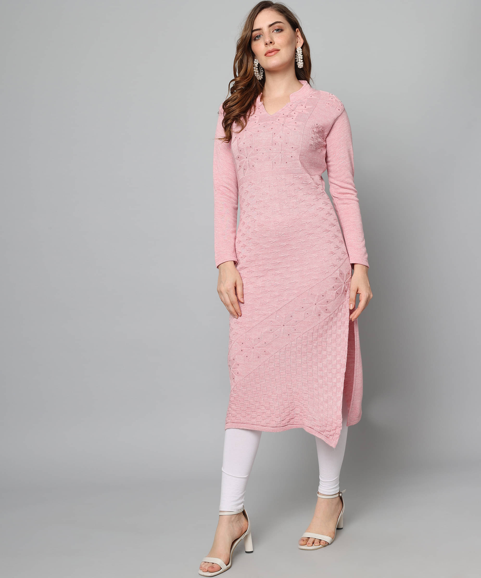 Canblar Women's Woollen Self Design Straight Kurti - ( Peach ) Canblar Women's Woollen Self Design Straight Kurti - ( Peach )
