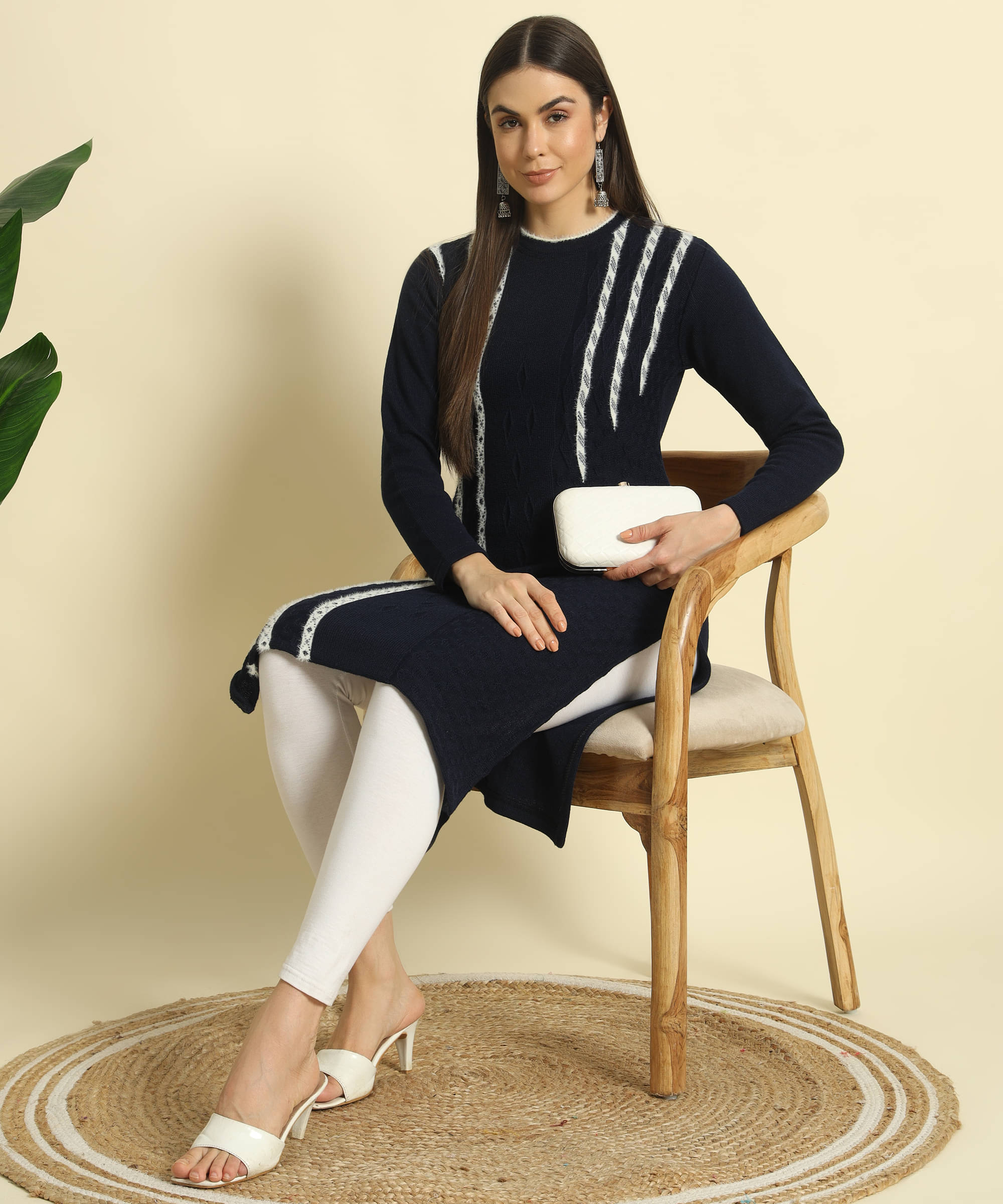 Canblar Women's Woollen Striped Straight Kurti - ( Navy Blue ) Canblar Women's Woollen Striped Straight Kurti - ( Navy Blue )