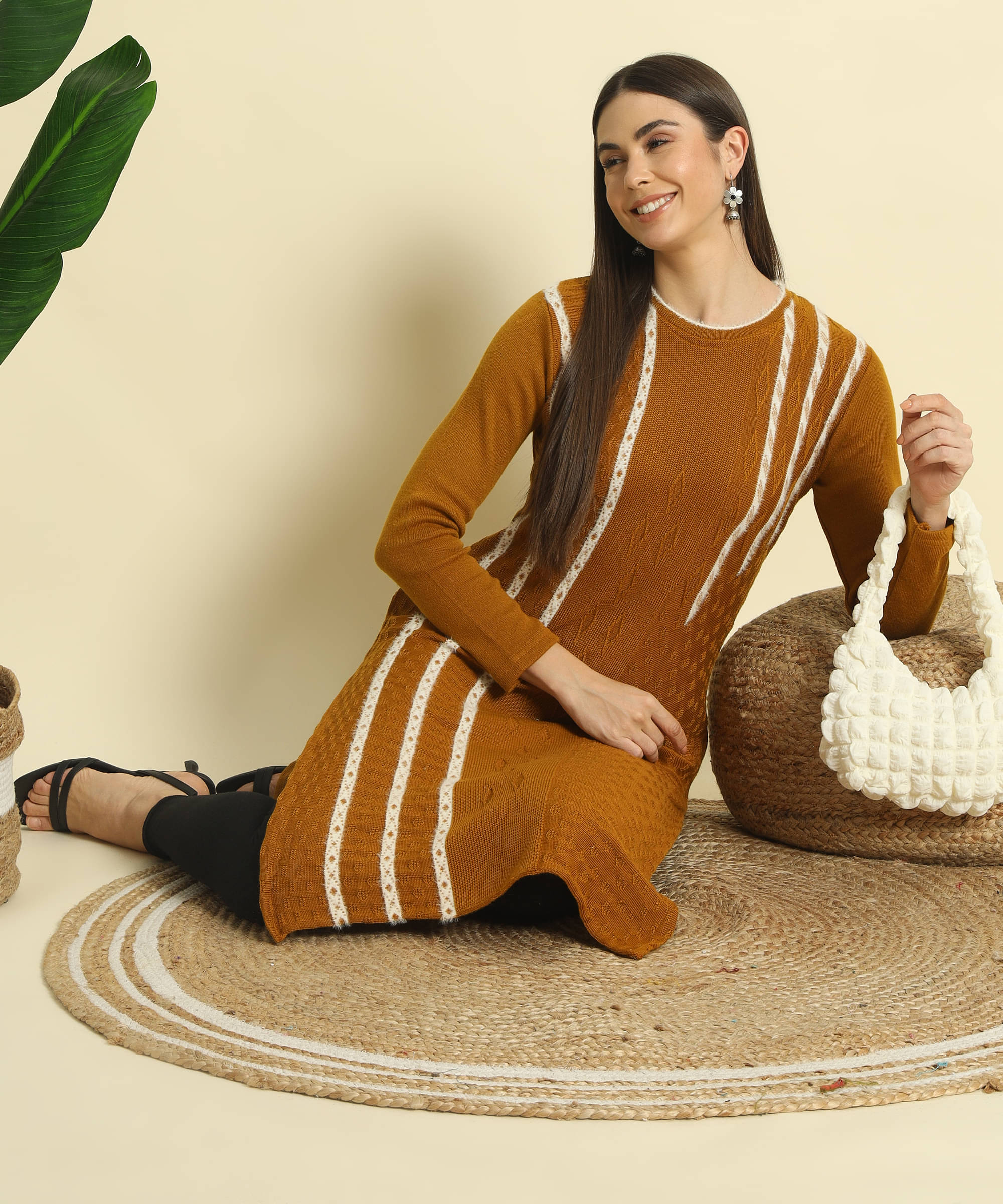 Canblar Women's Woollen Striped Straight Kurti - ( Brown ) Canblar Women's Woollen Striped Straight Kurti - ( Brown )