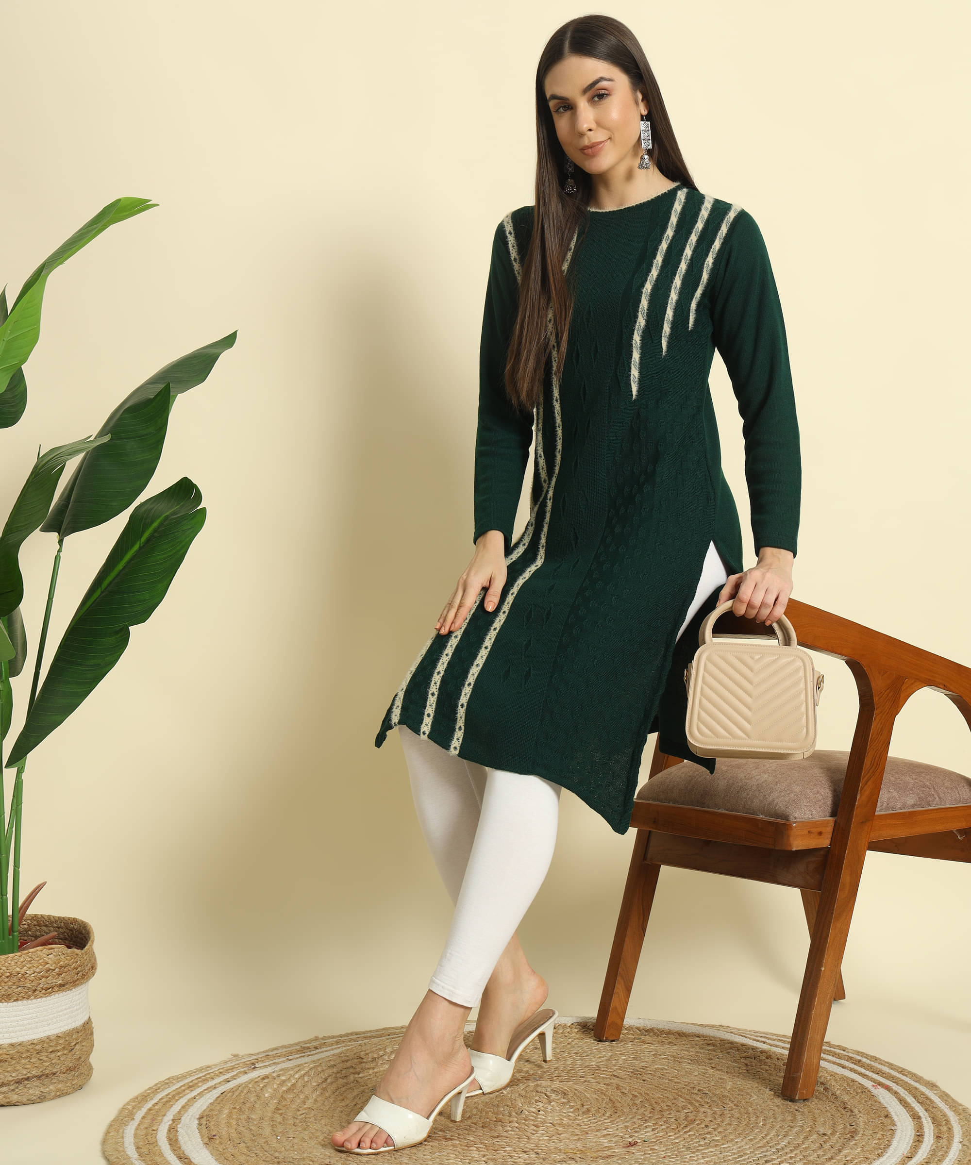 Canblar Women's Woollen Striped Straight Kurti - ( Green ) Canblar Women's Woollen Striped Straight Kurti - ( Green )