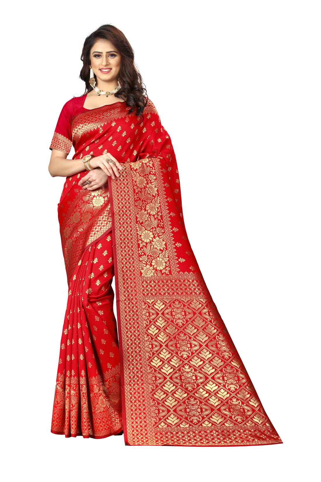 DHAYNA AND REEWA FASHION Jacquard Woven Saree With Unstitched Blouse Piece ( Red ) DHAYNA AND REEWA FASHION Jacquard Woven Saree With Unstitched Blouse Piece ( Red )
