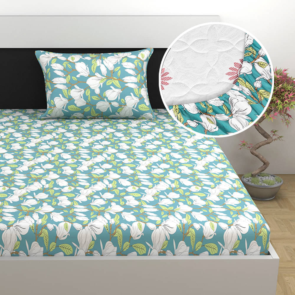 DIVINE CASA Cotton Floral Fitted Fitted bedsheet with 1 Pillow cover ( Single Bed ) - Blue DIVINE CASA Cotton Floral Fitted Fitted bedsheet with 1 Pillow cover ( Single Bed ) - Blue