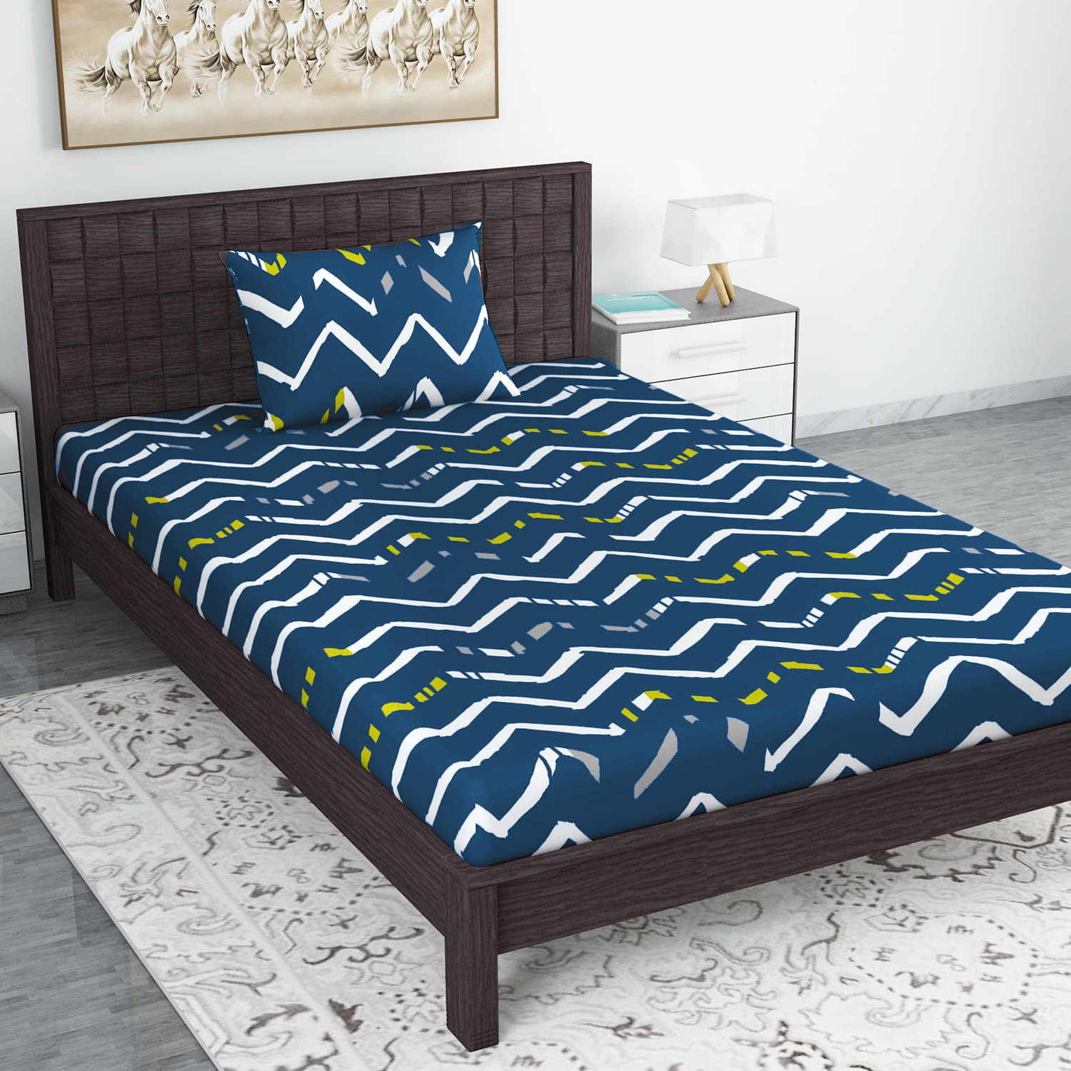 DIVINE CASA Microfibre Horizontal Striped Fitted Fitted bedsheet with 1 Pillow cover ( Single Bed ) - Blue DIVINE CASA Microfibre Horizontal Striped Fitted Fitted bedsheet with 1 Pillow cover ( Single Bed ) - Blue